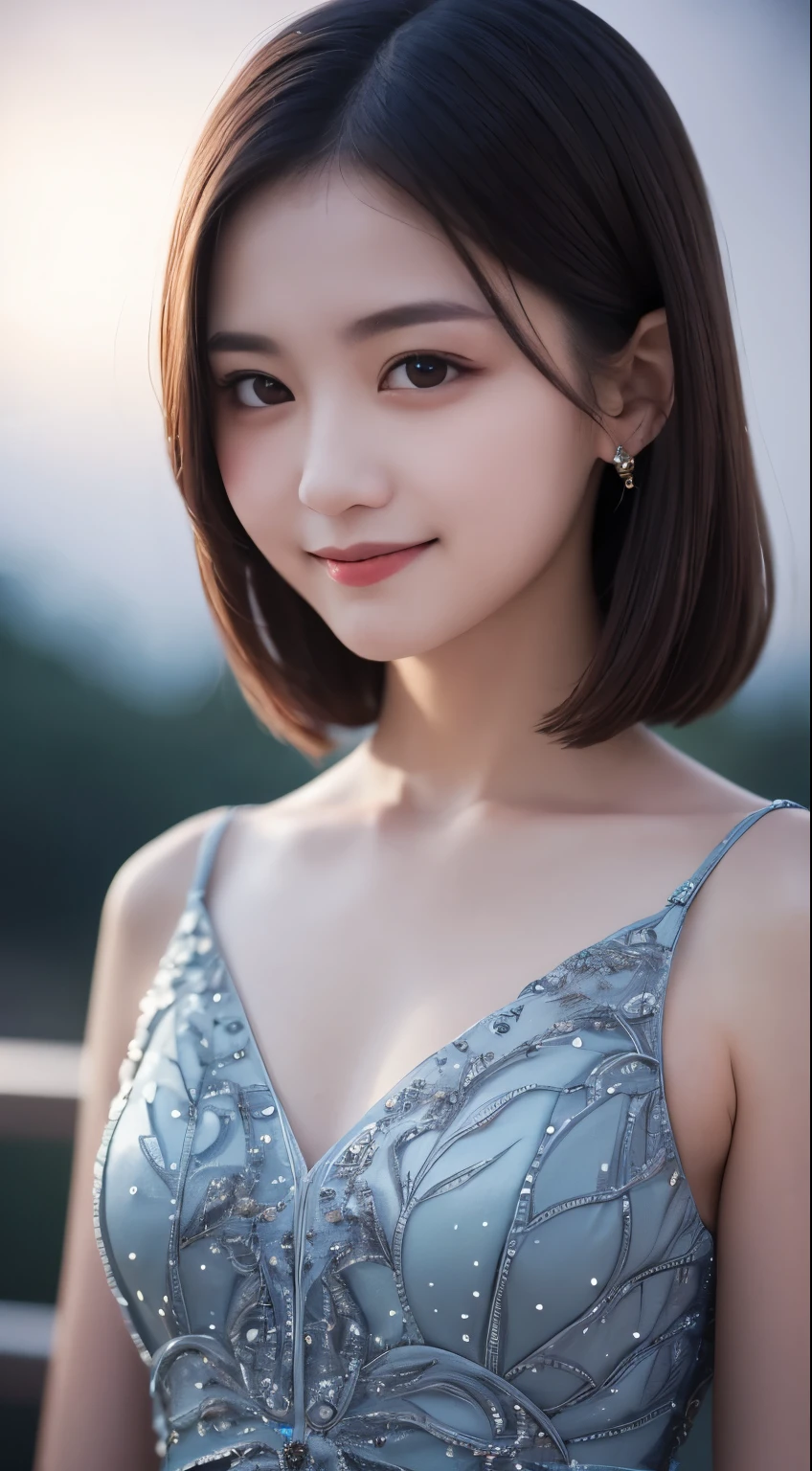 (A gorgeous lady, Korean, Japanese, Cute girl, fashion idol, short bob hair, wavy brown hair, ponytail, kind smile, beautiful detailed eyes, ((beautiful detailed face)), long eyelashes, beautiful detailed lip, dimpled cheeks, ample round bosom, natural pose, hands on hip, romantic night,

light off-the-shoulder, blue gown, floral lace, detailed bodice, sleeves, sweetheart neckline, sheer tulle-like fabric, delicate necklace, symmetrical design, elegant tiara,

 masterpiece, photo-realistic, ultra-detailed, 8k, high resolution, portrait illustration, natural colors, bokeh, cowboy_shot, serene ambience, snowy outdoor, trees, SFW, safe for work)

 