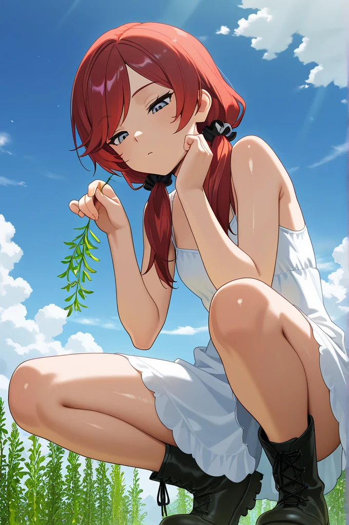 BREAK Perfect Anatomy、(High resolution:1.2)、Incredible illustrations、(Cute illustrations:1.2)、(nsfw) (Beautiful background(tropical rain forest)) 1 girl(Red hair, long curly hair, red eyes,tattoos,sweat:2.5 ,tan skin:1.ung adult woman:2.0)(school uniform)