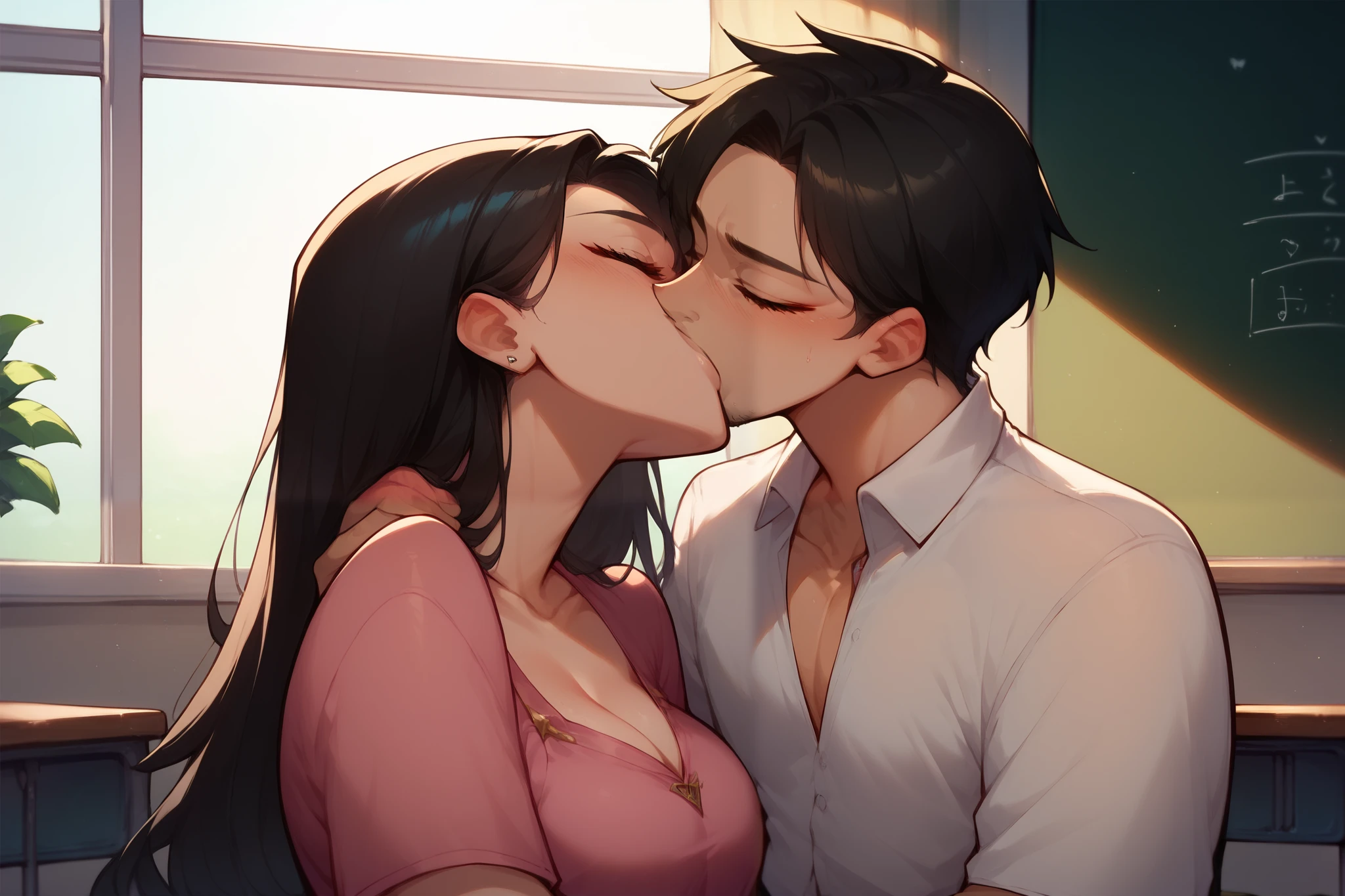 Sexy female teacher with shoulder length wavy black hair wearing a tight black mid thigh length dress accentuating her curves and cleavage kissing and making out passionately with a male student in an empty classroom, intimate, natural light filtering though an open window