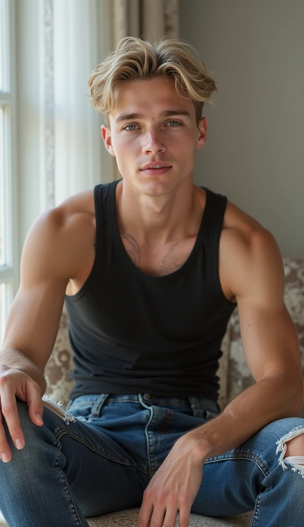 20-year-old, 1man, skinny, open fly, shaved pubic hair, flirty expression, smug, laying shirtless, blonde hair, baseball hat, very low pants, open fly, unzipped fly, unbuttoned shorts, soft muscles, thick thighs, ripped distressed denim shorts, bulging swollen crotch, high socks, evening, HD, Detailed face