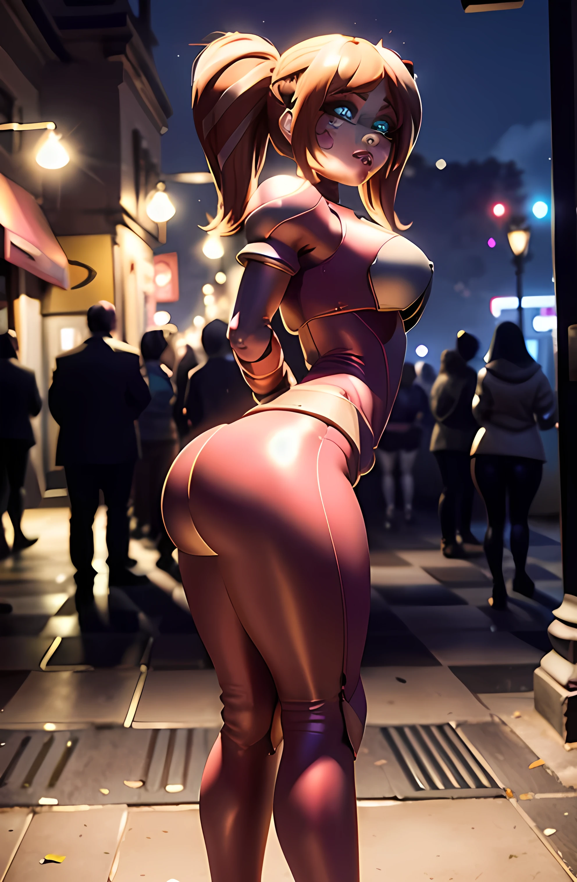 8K, High resolution, la mejor calidad, a girl,caramel, Evening, street, Store light , muslos grandes, She wears tight leggings, big dinners, Her thighs are bigger, full body , her leggings are tighter and more detailed, She stretches her legs, She shows off her big butt, She touches her legs , She wears a very tight suit , They touch her body,