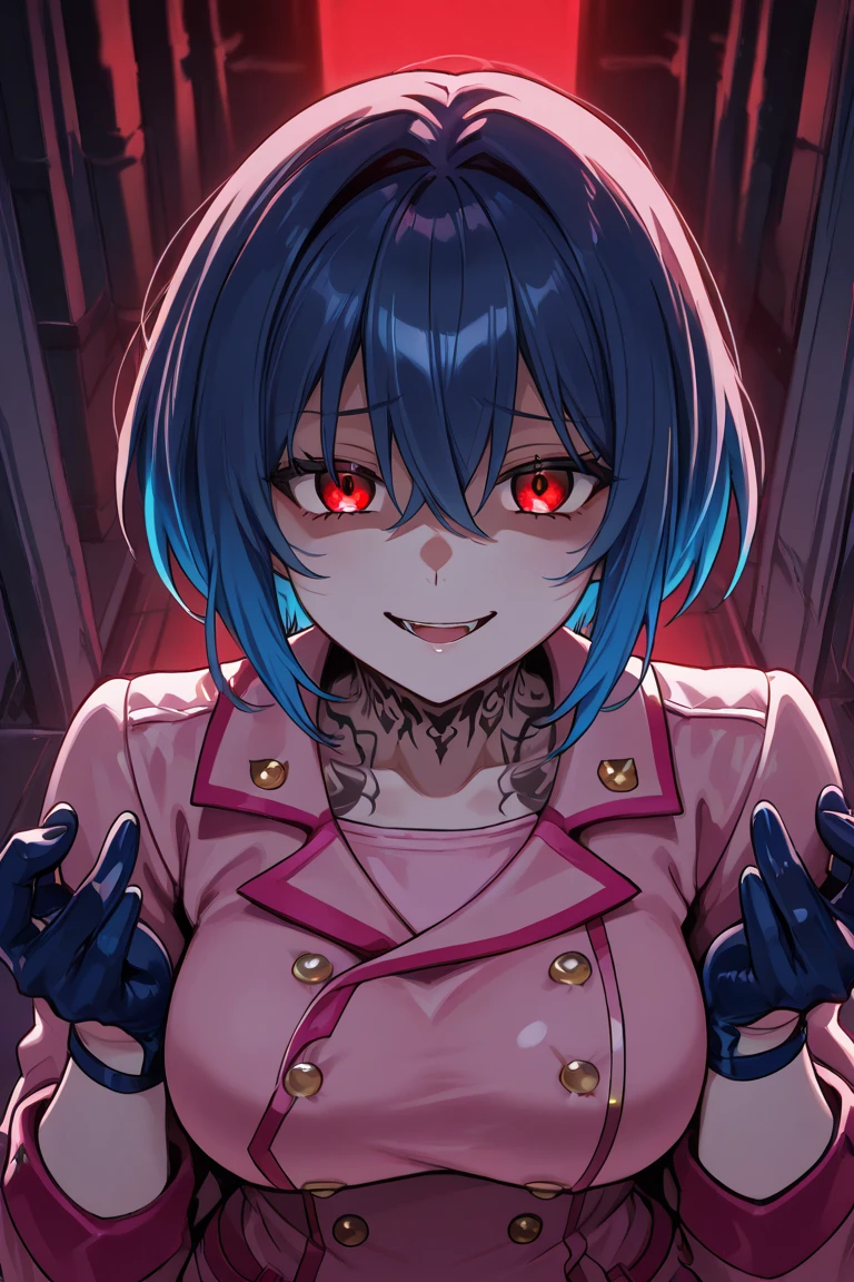 (realistic,photorealistic,photo-realistic:1.37),beautiful detailed eyes,beautiful detailed lips,extremely detailed eyes and face,Blurred motion, streaks of light, surreal, dreamy, ghosting effect, highly detailed, fullbody shot, best quality,woman, 20 years old, asymmetrical bangs, Topless, (Exquisite business suit:1.8), glow red neon hair, necklace pendant between breasts, big breasts, Glowing eyes, (red devil horns:1.5), awardwinning, amazing details,eye shadow,Eyeliner,(bandage on the head,bandage,Bandage covering one eye:1.3),,Devil smile,devil tail,Devil's aura,Corner perforation,Hanging ornaments,QOS tattoo on breasts