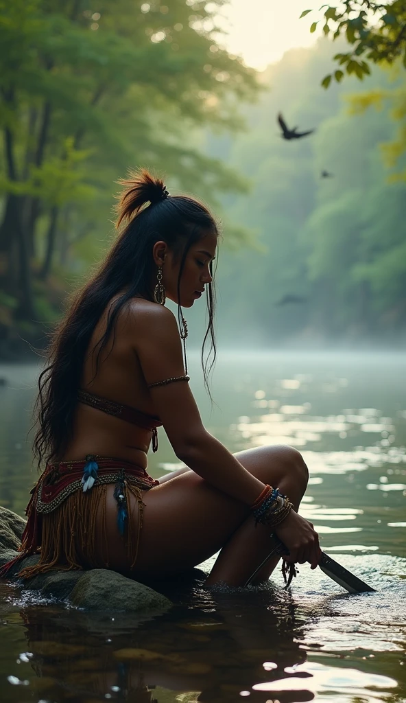 cinematic, medium shot, a Native American warrior sitting on the edge of a crystalline river, sharpening her stone blade, calm and deep look reflected in the water, loose black hair shining in the light of dawn, richly embroidered leather suits, feathers delicately attached to her earrings, dense forest in the background, morning mist rising through the trees, Birds flying in the distance , soft, natural light filtering through the leaves, captured with a 50mm lens for a naturalistic look, film look 35mm for softness and texture, angle} slightly below eye level for an intimate effect --air 16:9 --style raw