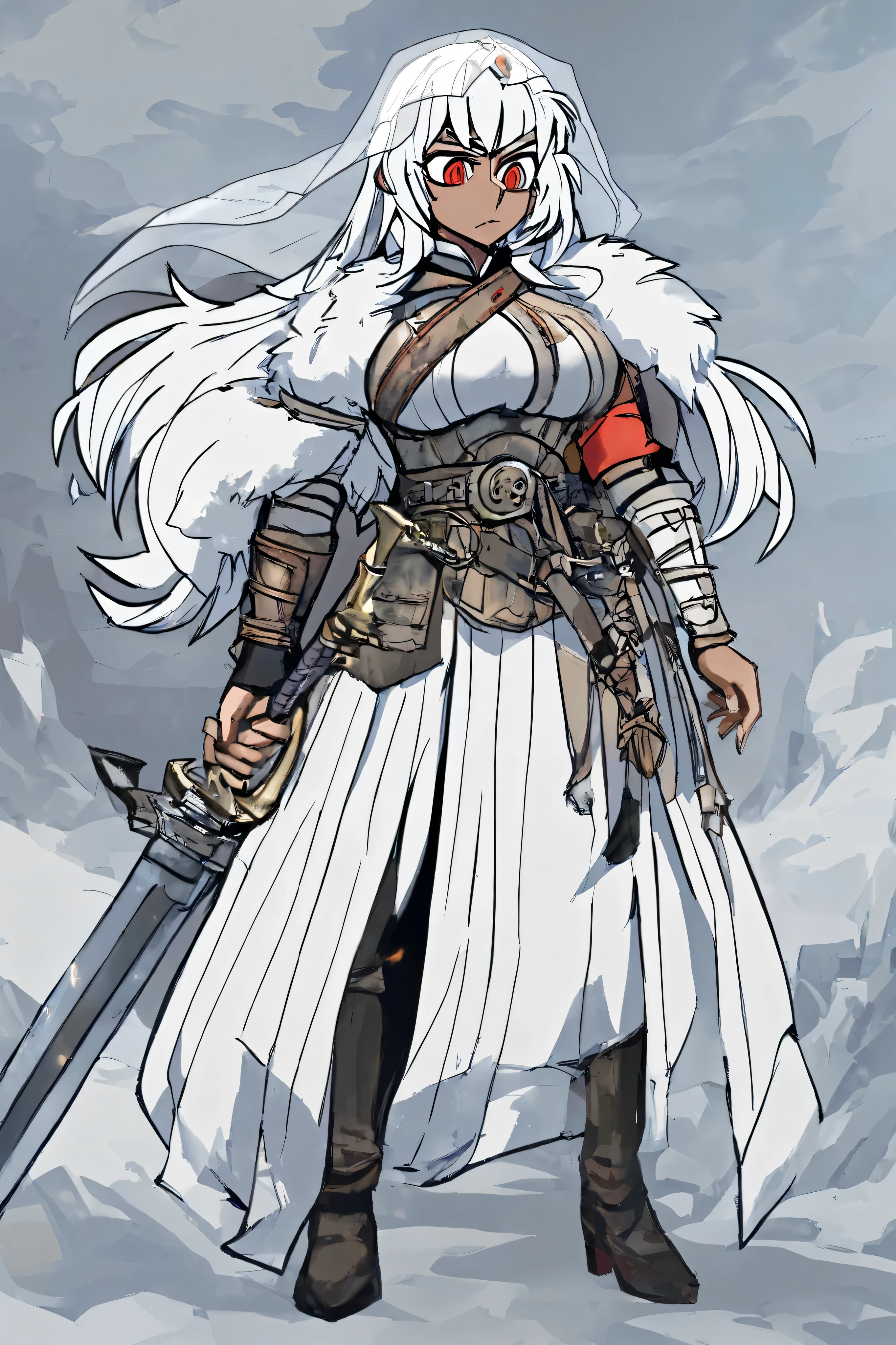a girl wearing armor standing , 1girl, solo, dark-skinned female, helltaker style,red eyes, dark skin, white hair, transparent veil,no horns,weapon, white Mongolian armor ,full body armor,white fur coat,breasts, big breasts, long hair, sword, bangs