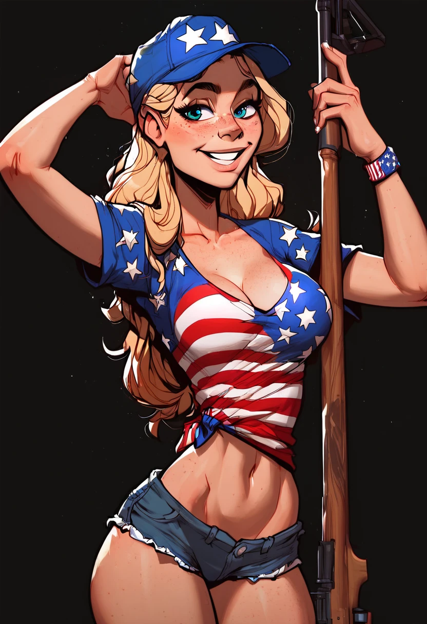 american woman posing with hunting rifle, knotted T-shirt, score_9, score_8_up, score_7_up, score_6_up, belly-free top, cleavage, 1girl, solo, standing, freckles, ( pose), ((black background, blank background)), flowing blonde hair Long Hair, trucker cap, full-body shot, heeled boots, big eyes, (denim hotpants,booty jorts),  freckled thighs, amazing eyes, ((full-body shot)), ((beautiful, perfect face)),  smile, cute, blonde hair, nipslip, ((US-american flag)), wide stance, bent-over