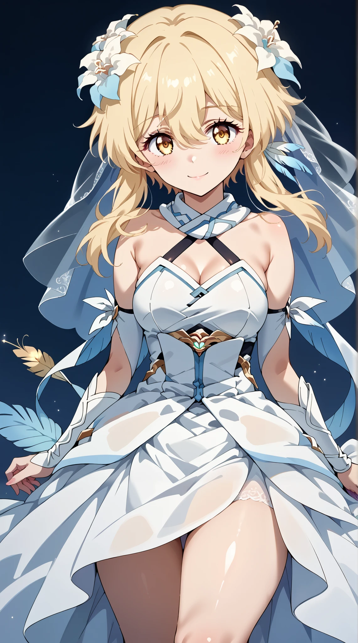 score_9, score_8_up, score_7_up, source_anime, 4K,perfect fingers,(perfect hands, perfect anatomy),prefect lighting, very aesthetic, intricate details,highly detailed background, masterpiece, high quality, best quality,
genshinlumine, lumine, bangs, blonde hair, hair ornament, hair between eyes, yellow eyes, flower, hair flower, feather hair ornament,Large Breast
wearing ((wedding dress:1.5)),
((White plain background:1.5)) , looking at viewer, smile,(perfect hands, perfect anatomy),cowboy shot, filed, high thigh individual , fullbody,Stand up,((front look:1.5)),
