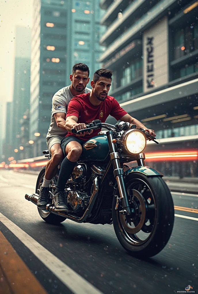  Cristiano Ronaldo , on a motorcycle, With Messi on the back, Powerful motorcycle,  super realistic