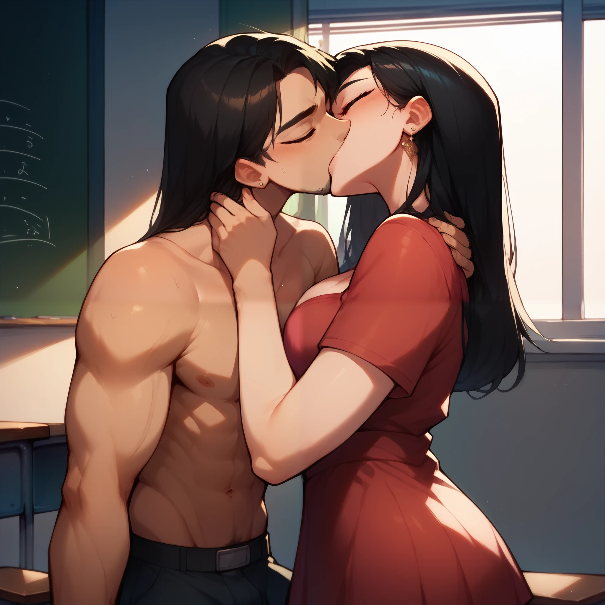 Sexy female teacher with shoulder length wavy black hair wearing a tight black mid thigh length dress accentuating her curves and cleavage kissing and making out passionately with a male student in an empty classroom, intimate, natural light filtering though an open window