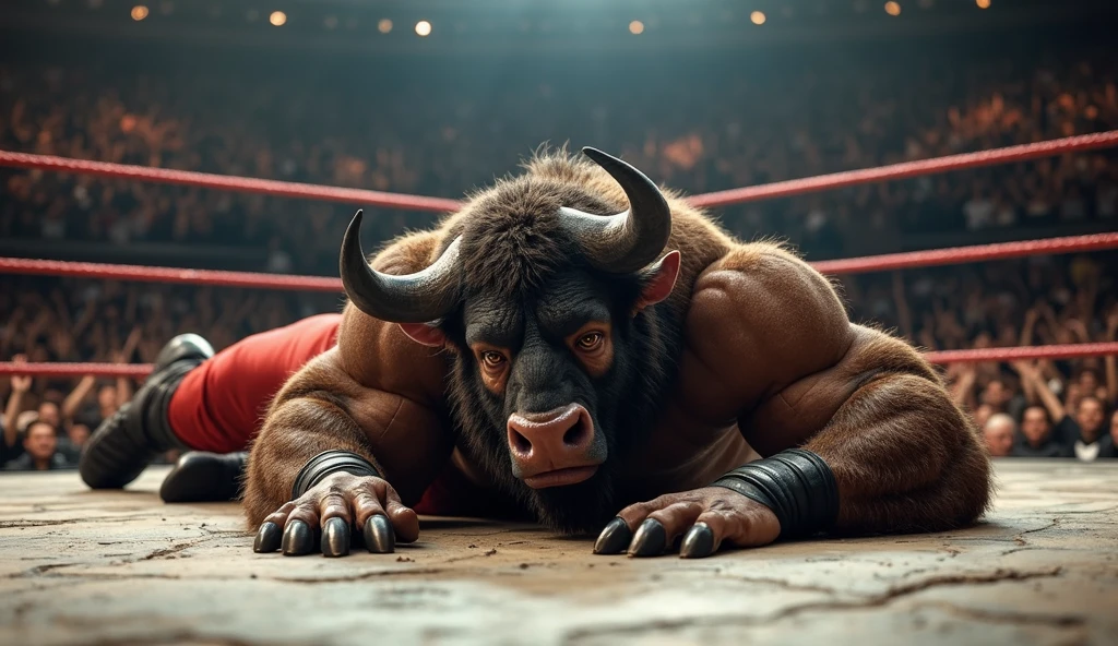 Generate a hyper-realistic, ultra-detailed 4k/Bk image of a muscular purple cow in red boxing gear laying down on the boxing stage with red wounds on its body. The crowd cheers enthusiastically in the background."