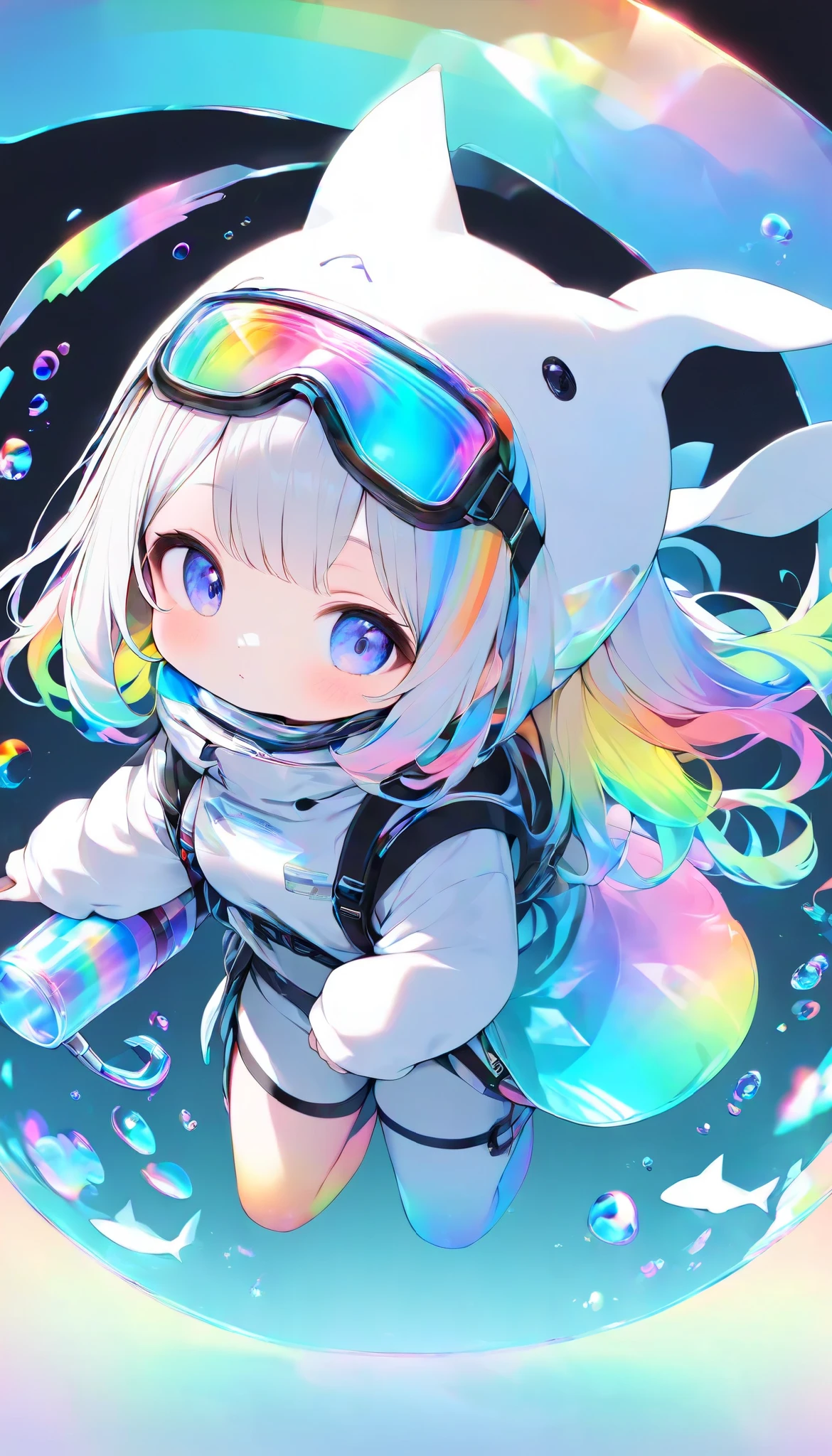 a young woman, solo, Dolshy, holographic background , transparent and colorful rainbow, maximum number of colors that can be output