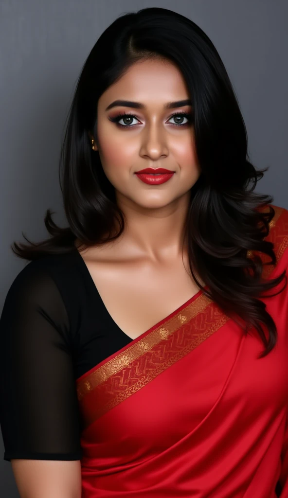Sexy desi woman, Black Hair, Blue eyes, Red Lips, White Skin, Bare Cleavage, Deep Navel, Red Saree, Indian Blouse, Half Sleeve, Black Blouse, Long Hair, Looking at viewer, Masterpiece, Accurate, Anatomically Correct, Best Quality, High Resolution, Award Winning, HD, Super Detailed, High Quality, UHD, Textured Skin, 8K Octane, Realism, Hyperdetailed, Photorealistic, 