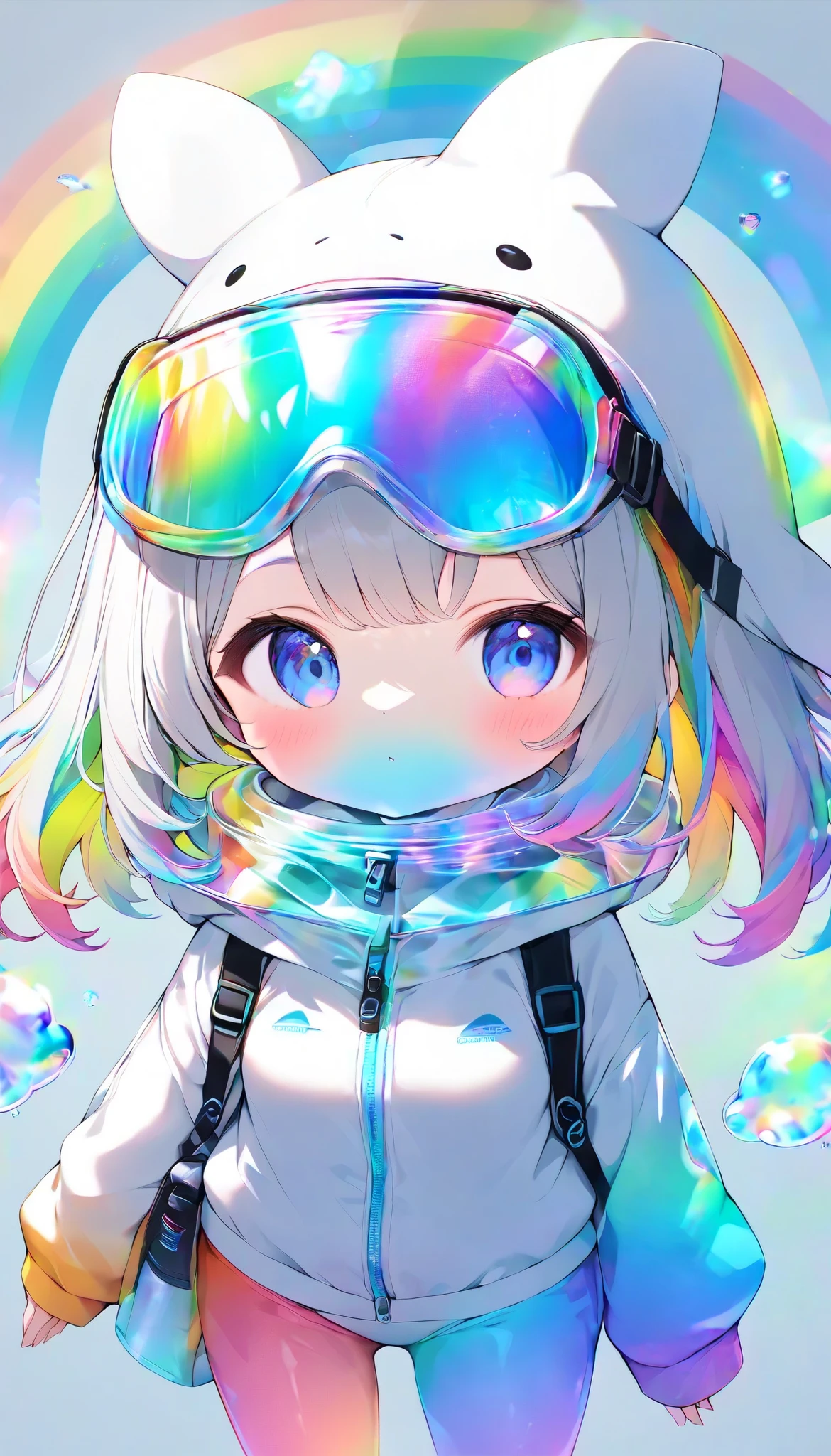 a young woman, solo, Dolshy, holographic background , transparent and colorful rainbow, maximum number of colors that can be output