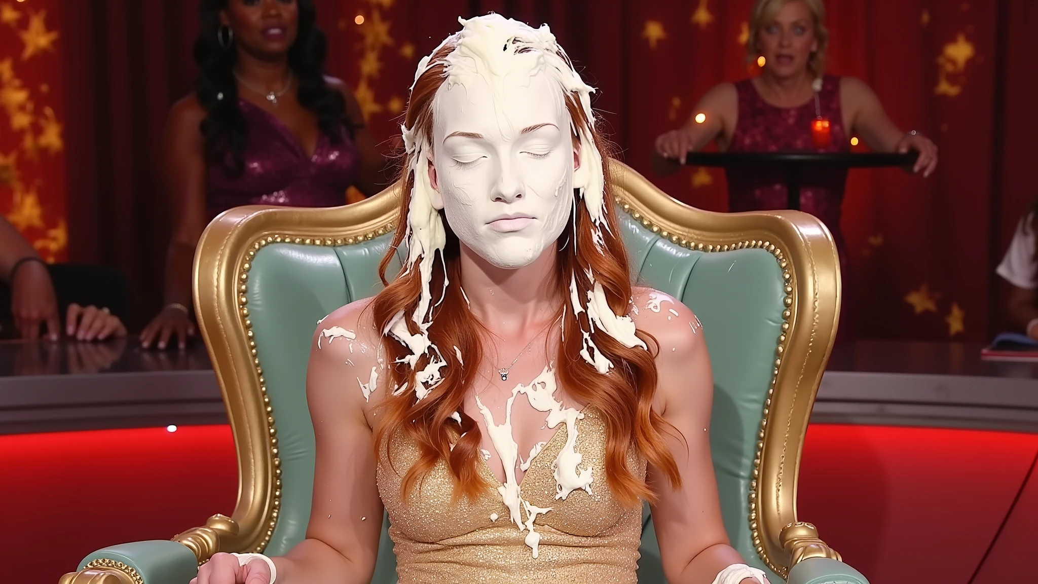 A beautiful 18-year-old girl with long red hair, wearing a gold formal dress and gold strappy high heels, sitting in a chair on a gameshow. She has been pied several times and her entire face including her eyes, nose and mouth is completely obscured by a thick layer of very thick white pie cream. Her mouth is closed. There is more pie cream in her hair, on the chair and on the floor around her. Full body shot. Photorealistic.