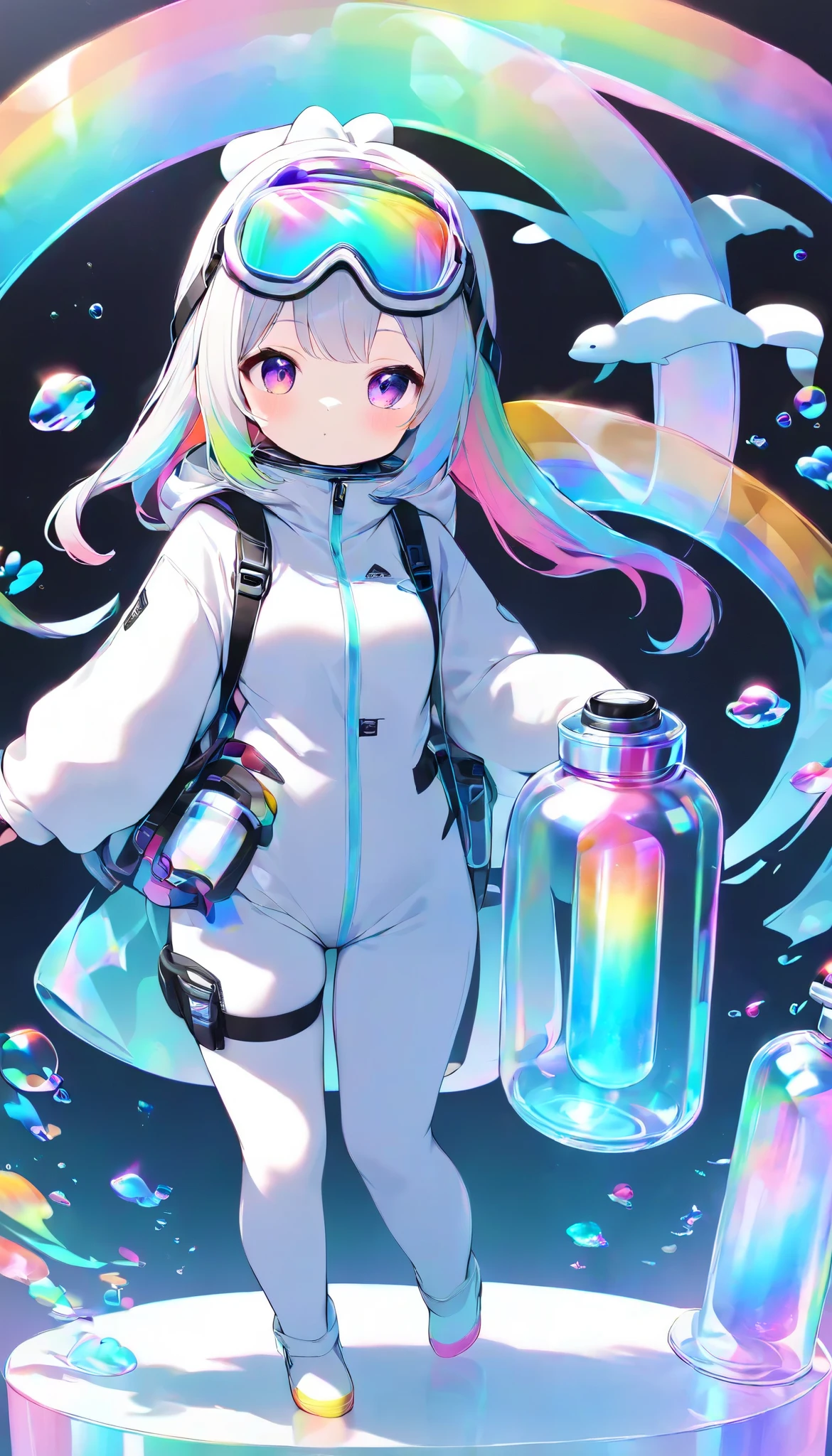 a young woman, solo, Dolshy, holographic background , transparent and colorful rainbow, maximum number of colors that can be output