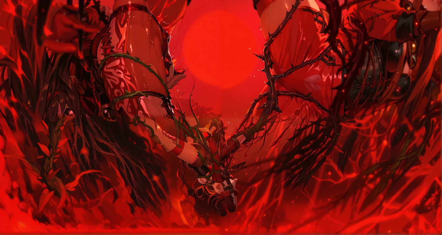 Anime illustration, dark cathedral, backlighting, backlit, golden light,, colorful, light reflection, solo, 1girl, medium closeup shot, shoulder level, detailed skin, extremely detailed eyes, dynamic pose, ChopioAmber, brown hair, long hair, sidelocks, brown eyes, red hair bow, hairband,side view, closed eyes, medium breasts, cleavage, outfit_1, goggles around neck, red hooded jacket, hood down, long sleeves, sleeves rolled up, white shirt, black underbust corset, belt, belt pouch, brown gloves, feather, brown shorts, short shorts, zettai ryouiki, thigh belt,red thighhighs, thighhighs under boots, thigh boots, high heel boots, white footwear, suspension, tied up, bondage, tied up wrists, blushing, open mouth, masturbation,, looking at viewer, shiny, shiny skin, wet, suspended in the air, in the air, head thrown back, happy, pleased, corruption, sexual corruption, seduction, mindbreak, brainwashing, body betrayal, vines, vines rubbing her vagina, vines teasing her body, looking at viewer, heart eyes, pleading, begging, ecstaacy, (red underwear, read laced underpants, acrobatic, flexible, relaxed:1.2)