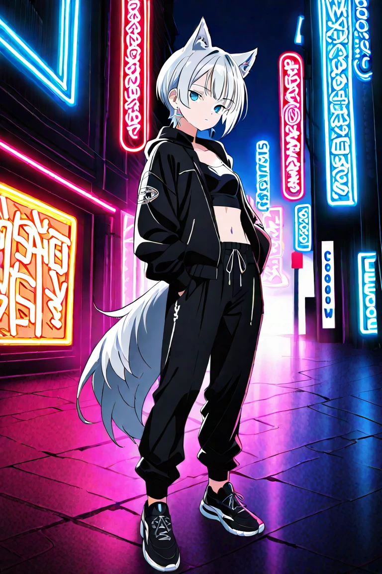 ((anime zero no tsukaima art, masterpiece, 4k, extreme quality)). 
The theme is supernatural.
The setting is a street in the center of Tokyo(detailed:1,9), the year is 2024, summer, without fog, full of varied open stores in the surroundings, full of people in the surroundings, it is 9 pm, the sky is starry, the environment is illuminated by the lights of streetlights and open stores.  There is a girl(Only 1), she is the focus of the scene, she is 12 years old, she has purple fox ears(long:1,3), she has 9 purple tails(long:1,8) fox, hair(short:1,8) messy and gradient purple with gray from top to bottom, bright and silver eyes(bright:2,1), pale white skin, short stature(short:1,3, she wears a totally black yukata, thin(thin:1,9), narrow chest, flat chest, waist(thin:1,7), wide hips, big round butt, beautiful thighs, beautiful curves, shy and embarrassed behavior, fullbody vision(far:1,5).  The atmosphere is pleasant. Complete view of scene.