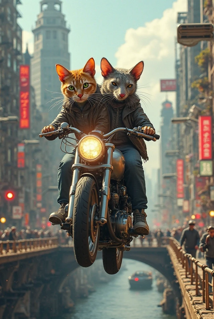 A cat in the shape of a person, and a rat in the shape of a person, riding the same motorcycle on a busy avenue, jumping off a bridge