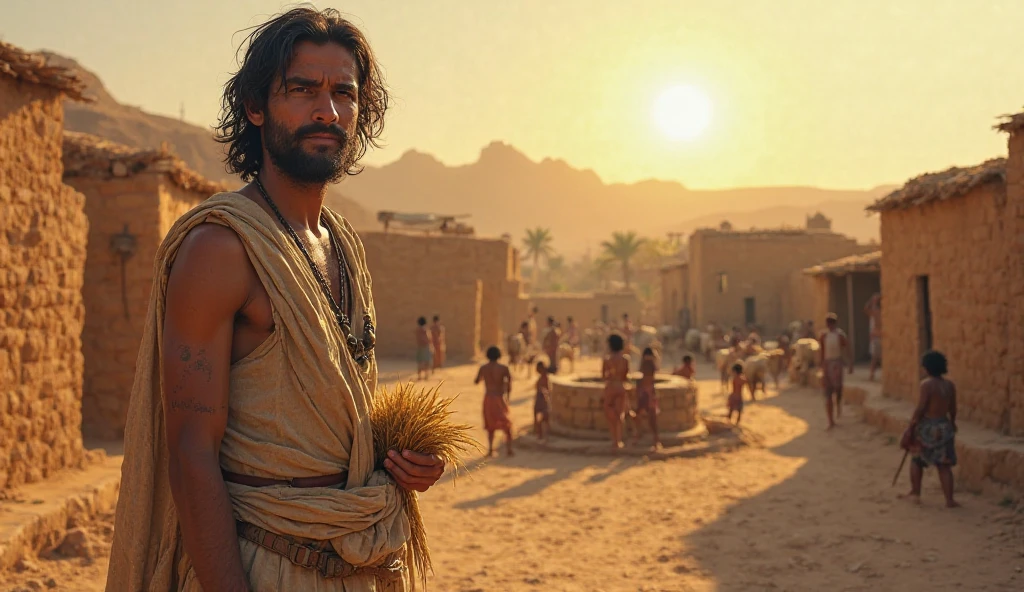 um povo do deserto, with a look of hatred, Biblical garments, multiple persons,oito homens guerreiros, habitantes do deserto do sinai, dressed as Arabs, com fundo de deserto, cinemamatográfico, luzes quentes, dramatic light, (detalhes intrincados:1.1), fundo complexo, (Rutkowski:0.66), (laranja:0.4), trabalho primoroso, obra prima, 8k, ultradetalhado, cinema, soft-lighting, alta qualidade, volumeric lighting, sol do entardecer, vivid colors, cinematic blue sky, cinemamatográfico, luzes quentes, dramatic light, (detalhes intrincados:1.1), fundo complexo, (Rutkowski:0.66), (azul e laranja:0.4), trabalho primoroso, obra prima, 8k, ultradetalhado, cinema, soft-lighting, alta qualidade, volumeric lighting, todas as casas em cor de tijolo, Predominante ocre, pequena aldeia, Expanse of the Desert, sunburned faces Arabic features, barbado, it's six armed men, detalhes intrincados, fisionomia bem detalhada, barba preta, look of hatred, olhos bem definidos, sem defeitos,(((olhos perfeitos))), sem defeito, mais pessoas ao fundo, Epic and dark environment, ultra detalhado, ambiente sombrio