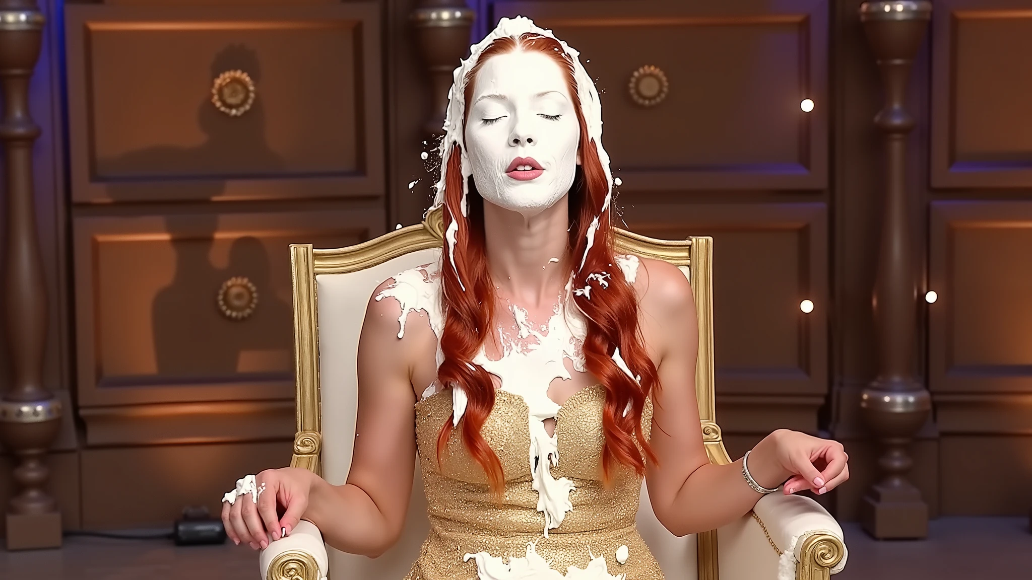 A beautiful 18-year-old girl with long red hair, wearing a gold formal dress and gold strappy high heels, sitting in a chair on a gameshow. She has been pied several times and her entire face including her eyes, nose and mouth is completely obscured by a thick layer of very thick white pie cream. Her mouth is closed. There is more pie cream in her hair, on the chair and on the floor around her. Full body shot. Photorealistic.