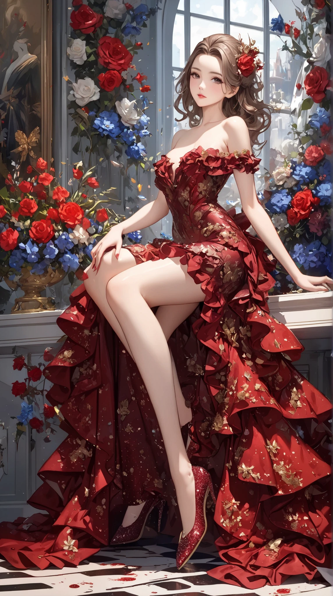 Superb Quality, Masterpiece, High Resolution, Realistic girl (Realistic:5,6), 1Girl, 17yo girl, Blush, (cute Smile: 0.8),normal , perfect body shape ratio, body goals girl, perfect girl, she's my girlfriend, faceless girl、full body Esbian、perfect anatomy, detailed anatomy, A blonde, cute bangs, long straight blonde hair, good girl, idol, key of visual, gorgeous face, perfect anatomy, detailed anatomy, her name is Roséanné Anaphalis, perfect front pose, representation of rose and edelweiss flowers, she's cool and gorgeous, she wears red rose dress, elegant dress, gorgeous dress, perfect dress, front view, full body looks, perfect camera, HD quality, high picture quality、royal kingdom background, Beautiful Wallpaper, 8K UHD, DSLR, Soft Light, High Quality, Volume Lighting, HDR on, High Resolution, 4K, 8K, Background Bokeh