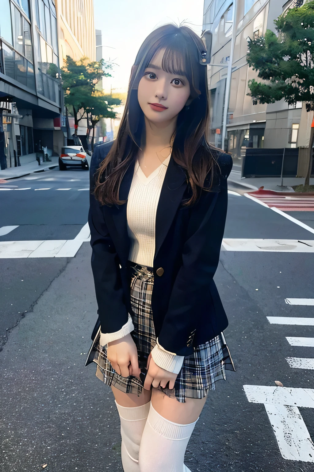 A high-resolution photo of a stylish Japanese high school girl in a classic navy blue blazer, white blouse, plaid skirt, knee-high socks, standing confidently in an urban background, soft natural lighting, cinematic focus, ultra-detailed, 8K.  
