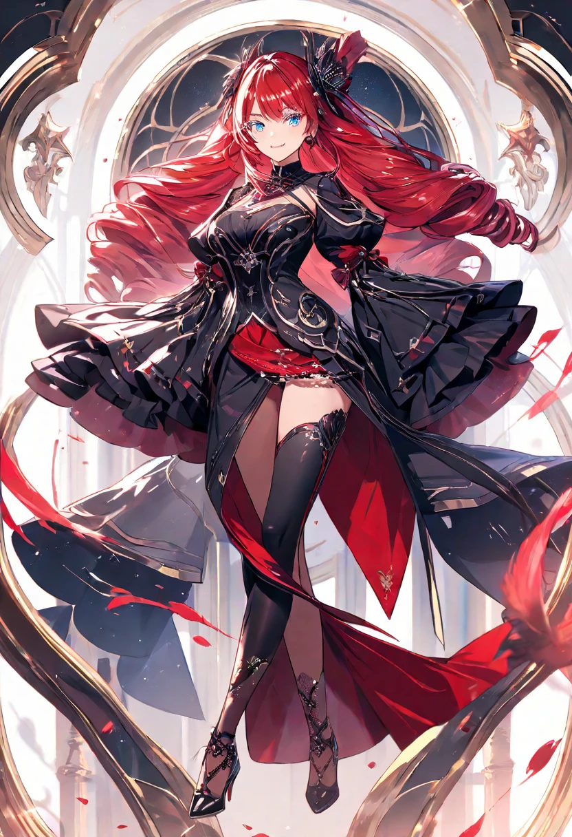 1 girle, , smile, long hair, drill hair, red Hair, Light Blue Eyes, Beautifully drawn lashes are long, full body, red gothic clothing, High Heels, Anime, Masterpiece, UHD, retina, masterpiece, accurate, anatomically correct, textured skin, super detail, high details, high quality, award winning, best quality, highres, 1080P, 16k