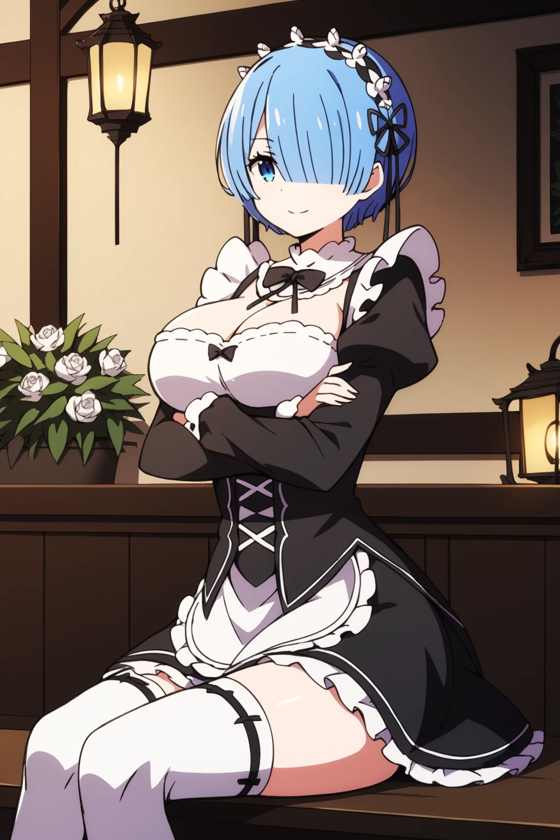 Hair style is short bob、right eye is hidden、blue hair、blue eyes、Maid clothes、There is a pink decoration on the left side of the head.、white brim、white stockings、mansion、1 woman、big and full breasts、Outstanding style、17 year old female