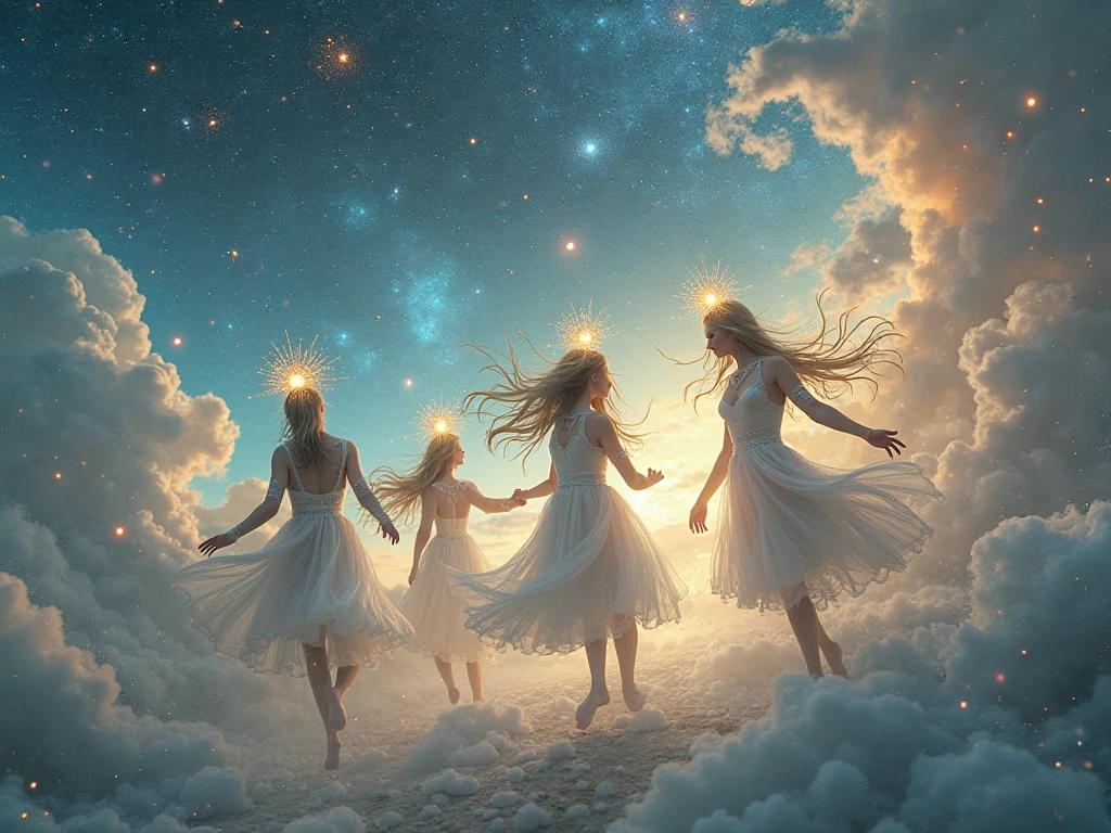 "A celestial landscape featuring three lovely, beautiful women floating gracefully. The scene is dreamy and serene, with light trails and star effects creating a heavenly atmosphere. The women seem weightless, their movements fluid and serene.