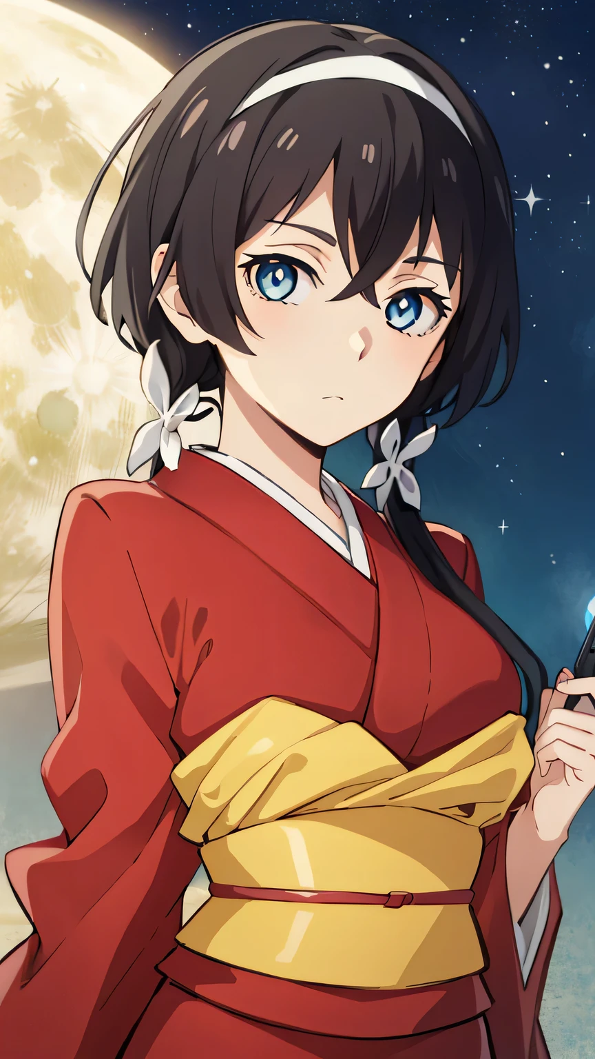 {{{masterpiece}}}, (best quality:1.5), (ultra-detailed:1.5), {illustration}, {{an extremely delicate and beautiful}}, (beautiful detailed eyes:1.6), absurdres, highres, extremely detailed face, 16k, hd, visual anime de uma jovem mulher, extremamente bonito rosto de anime, anime melhor garota, (perfect hands, perfect anatomy), anime face, izumi kyouka(Bungou Stray Dogs), 1girl, solo, cute face, (black hair:1.2), very long hair, low twintails, white hair band, flower hair ornament, crossed bangs, sidelocks, slender face, narrow chin, sharp eyes, blue eyes,(High resolution eyes, Beautiful eyes, Light in the eyes), (big eyes:1.5), hair bra, medium breasts, big hips, curvaceous, BREAK, japanese clothes, furisode, (red kimono:1.3), red sleeves, long sleeves, wide sleeves, (red arm cover:1.3), yellow wristband, yellow obi, back waist ribbon, very long ribbon, hang a flip phone around your neck, pencil skirt, red skirt, BREAK, 1girl, solo, expressionless, posing, looking at viewer, castle, outdoors, moon, night, light, dark, detailed background, (bust shot:1.3)