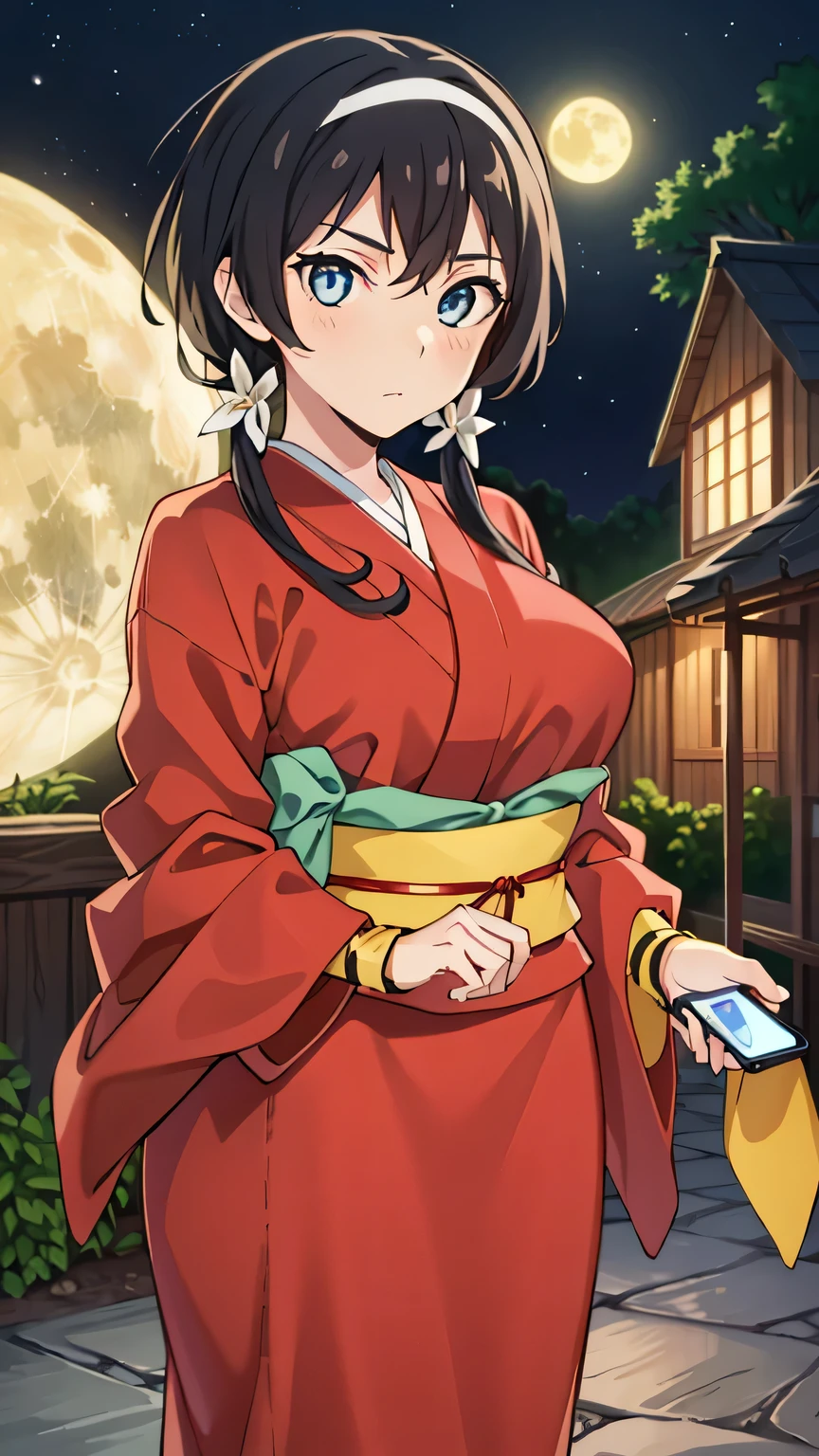 {{{masterpiece}}}, (best quality:1.5), (ultra-detailed:1.5), {illustration}, {{an extremely delicate and beautiful}}, (beautiful detailed eyes:1.6), absurdres, highres, extremely detailed face, 16k, hd, visual anime de uma jovem mulher, extremamente bonito rosto de anime, anime melhor garota, (perfect hands, perfect anatomy), anime face, izumi kyouka, 1girl, solo, cute face, (black hair:1.2), very long hair, low twintails, white hair band, flower hair ornament, crossed bangs, sidelocks, slender face, narrow chin, sharp eyes, blue eyes,(High resolution eyes, Beautiful eyes, Light in the eyes), (big eyes:1.5), hair bra, medium breasts, big hips, curvaceous, BREAK, japanese clothes, furisode, (red kimono:1.3), red sleeves, long sleeves, wide sleeves, (red arm cover:1.3), yellow wristband, yellow obi, back waist ribbon, very long ribbon, hang a flip phone around your neck, pencil skirt, red skirt, BREAK, 1girl, solo, expressionless, posing, looking at viewer, castle, outdoors, moon, night, light, dark, detailed background, (bust shot:1.3)
