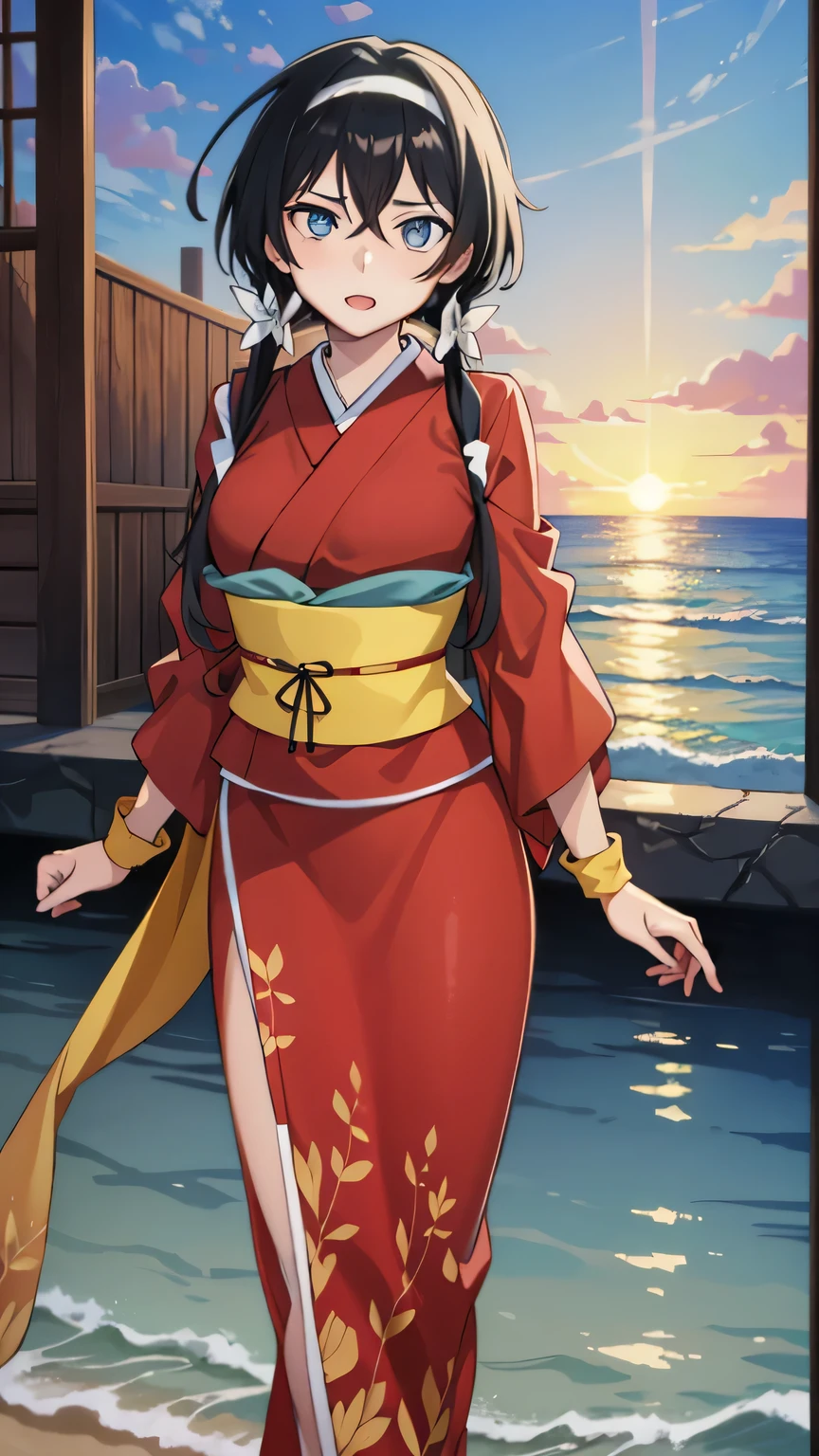 {{{masterpiece}}}, (best quality:1.5), (ultra-detailed:1.5), {illustration}, {{an extremely delicate and beautiful}}, (beautiful detailed eyes:1.6), absurdres, highres, extremely detailed face, 16k, hd, visual anime de uma jovem mulher, extremamente bonito rosto de anime, anime melhor garota, (perfect hands, perfect anatomy), anime face, izumi kyouka(Bungou Stray Dogs), 1girl, solo, cute face, (black hair:1.2), (very long hair:1.3), low twintails, (white hair band:1.2), flower hair ornament, crossed bangs, sidelocks, slender face, narrow chin, sharp eyes, blue eyes,(High resolution eyes, Beautiful eyes, Light in the eyes), (big eyes:1.5), hair bra, medium breasts, big hips, curvaceous, BREAK, japanese clothes, furisode, (red kimono:1.3), red sleeves, long sleeves, wide sleeves, (red arm cover:1.3), yellow wristband, yellow obi, back waist ribbon, very long ribbon, pencil skirt, red skirt, BREAK, standing, looking at viewer, outdoor, sky, sea, evening, beach, nicebeach, waves, crowd of people, open mouth, smirk, walk, sunset