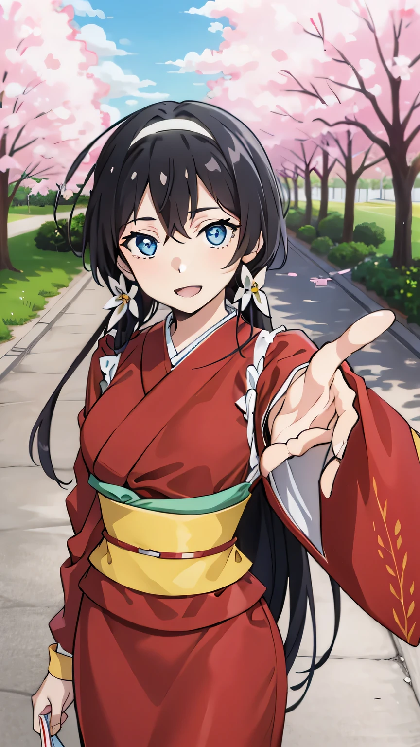 {{{masterpiece}}}, (best quality:1.5), (ultra-detailed:1.5), {illustration}, {{an extremely delicate and beautiful}}, (beautiful detailed eyes:1.6), absurdres, highres, extremely detailed face, 16k, hd, visual anime de uma jovem mulher, extremamente bonito rosto de anime, anime melhor garota, (perfect hands, perfect anatomy), anime face, izumi kyouka(Bungou Stray Dogs), 1girl, solo, cute face, (black hair:1.2), (very long hair:1.3), low twintails, (white hair band:1.2), flower hair ornament, crossed bangs, sidelocks, slender face, narrow chin, sharp eyes, blue eyes,(High resolution eyes, Beautiful eyes, Light in the eyes), (big eyes:1.5), medium breasts, big hips, curvaceous, BREAK, japanese clothes, furisode, (red kimono:1.3), red sleeves, long sleeves, wide sleeves, (red arm cover:1.3), yellow wristband, yellow obi, back waist ribbon, very long ribbon, pencil skirt, red skirt, BREAK, 1girl, solo, smile, open mouth, beautiful anime girl, beautiful art style, close up of breasts, Looking at Viewer, perfect body, outdoor, sky, daytime, public park, sun, (bust shot:1.3), from above, looking at viewer, dance, rotate, fluttering clothes, outstretched arms, Cherry tree, ruanyi0007