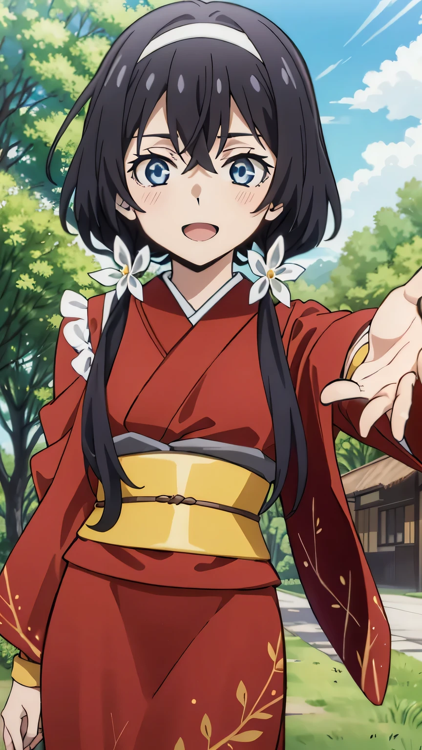 {{{masterpiece}}}, (best quality:1.5), (ultra-detailed:1.5), {illustration}, {{an extremely delicate and beautiful}}, (beautiful detailed eyes:1.6), absurdres, highres, extremely detailed face, 16k, hd, visual anime de uma jovem mulher, extremamente bonito rosto de anime, anime melhor garota, (perfect hands, perfect anatomy), anime face, izumi kyouka(Bungou Stray Dogs), 1girl, solo, cute face, (black hair:1.2), (very long hair:1.3), low twintails, (white hair band:1.2), flower hair ornament, crossed bangs, sidelocks, slender face, narrow chin, sharp eyes, blue eyes,(High resolution eyes, Beautiful eyes, Light in the eyes), (big eyes:1.5), medium breasts, big hips, curvaceous, BREAK, japanese clothes, furisode, (red kimono:1.3), red sleeves, long sleeves, wide sleeves, (red arm cover:1.3), yellow wristband, yellow obi, back waist ribbon, very long ribbon, pencil skirt, red skirt, BREAK, INCOMING HUG, INCOMING KISS, blush, sorriso alegre, open mouth, visual anime de uma jovem mulher, extremamente bonito rosto de anime, anime melhor garota, sorriso astuto, outdoor, sky, daytime, forest, field