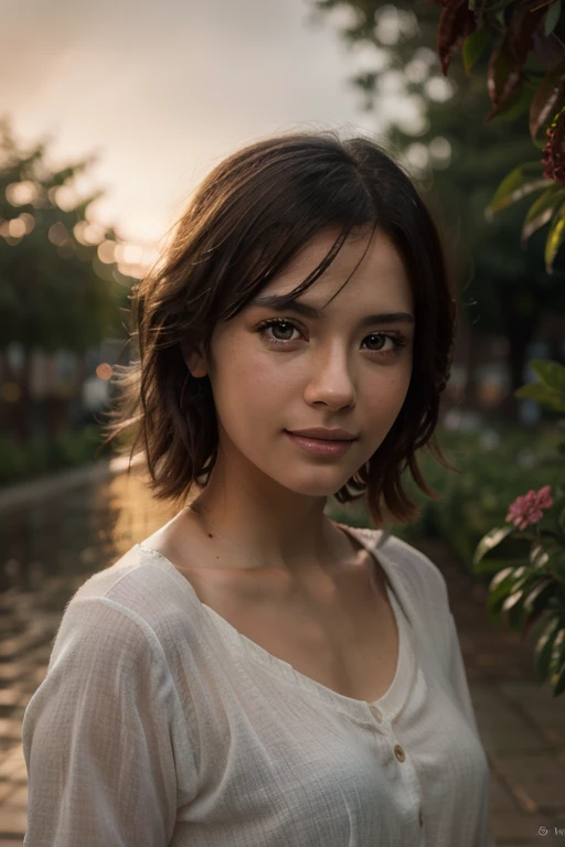 (RAW photo, best quality), (realistic, photo-Realistic:1.3), best quality, masterpiece, beautiful and aesthetic, 16K, (HDR:1.4), high contrast, (vibrant color:1.4), (muted colors, dim colors, soothing tones:0), cinematic lighting, ambient lighting, sidelighting, Exquisite details and textures, cinematic shot, Warm tone, (Bright and intense:1.2) A gentle morning breeze caresses the serene landscape as a single beautiful woman stands amidst a field of blooming flowers. She radiates a sense of tranquility and inner peace, with soft sunlight casting a warm glow upon her graceful figure. Front view, The intricate details and vibrant colors of the surroundings bring the scene to life, capturing the essence of the peaceful morning atmosphere,Surrounded by blooming cherry blossom trees