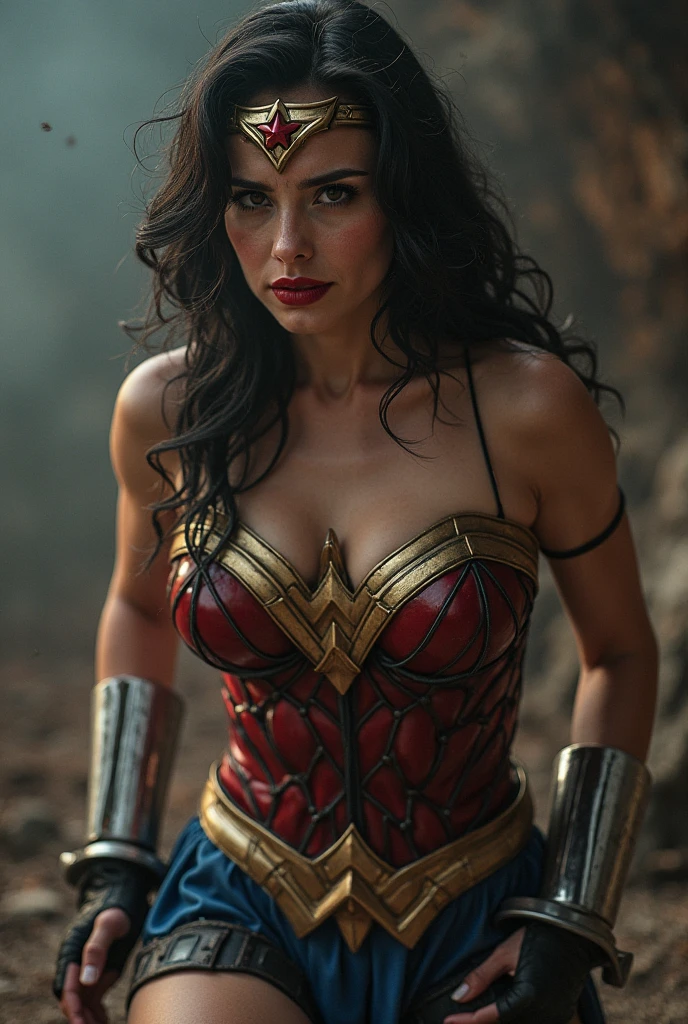 8k , Realistic Photo Of Kareena Kapoor , Masterpiece , 30 Yearsold , White-Gold Wonder Woman Armory Mech Detail Costume , Gloves , Large Bare Breast , Posing , Muscular , Sexy Look , Sweaty Body , Dramatic Pictures , Gorgeous , Dark , Battlefield Background , Extremely Detailed , Open Mouth , ((Hanging on Iron Pole)) , False Colour