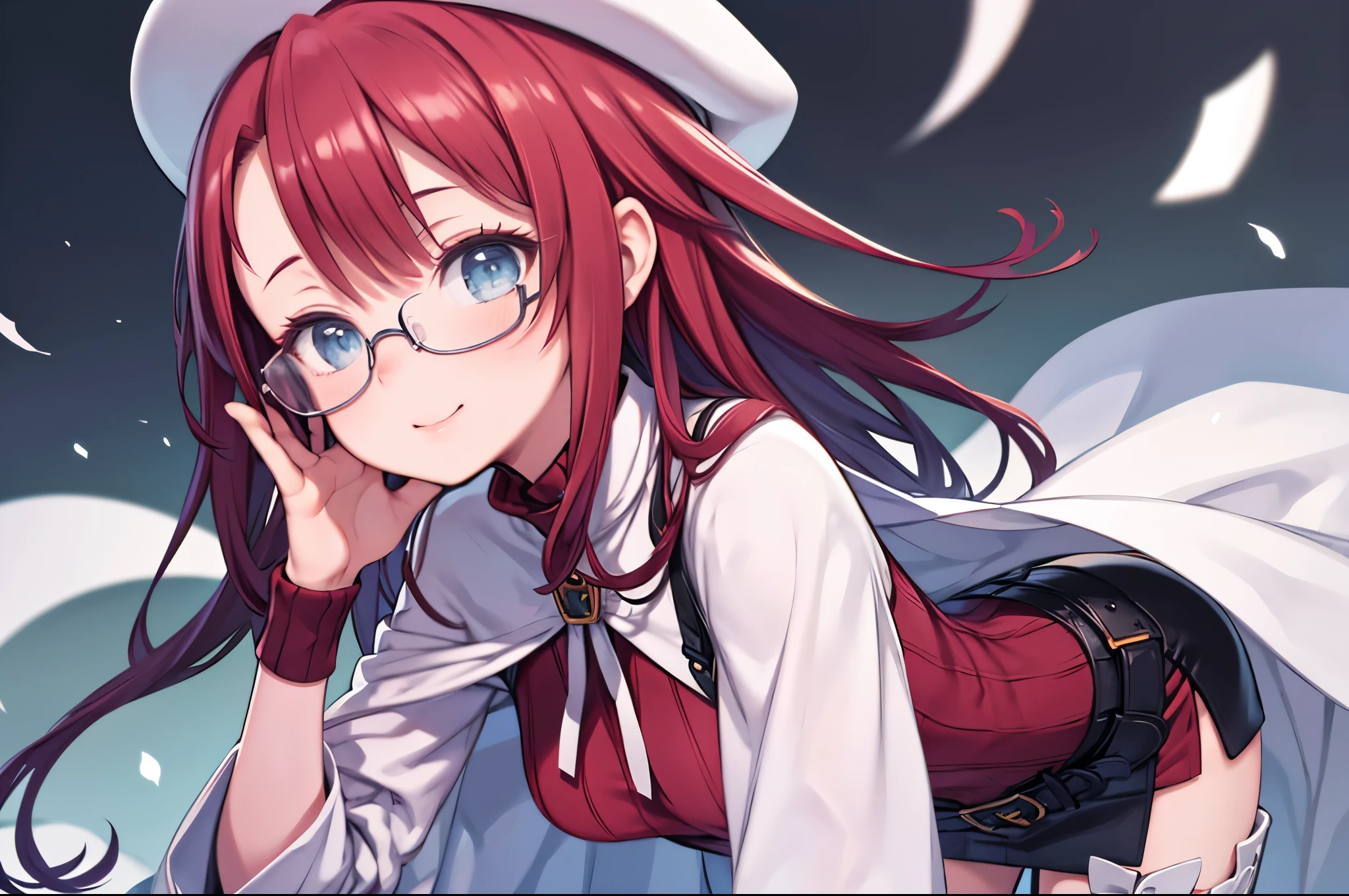 summonnightaty, aty, (young:1.3),long hair, blue eyes, red hair, big_tits, hat, glasses, BREAK long hair,, hat, dress,glasses, cape, sweater, beret,ribbed sweater,,solo, BREAK outdoors, fantasy, BREAK (masterpiece:1.2), best quality, high resolution, unity 8k wallpaper, (illustration:0.8), (beautiful detailed eyes:1.6), extremely detailed face, perfect lighting, extremely detailed CG, perfect anatomy),covered_nipples,half_eyes,sleepy_eyes,red_sweater,magical_effect,,Smile,closed_mouth,solo,in_modern_town_landscape,night_sky,solo,portrait,bust up,looking_viewer,shiny_lips,blush
