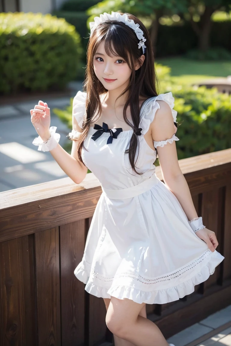 (Highest quality,masterpiece:1.3,Ultra-high resolution),(Very detailed,8k),(Realistic:1.4,RAW shooting)。Blurred Background、The best smile。A cute, 20-year-old maid、Plump figure。She's naked。Maid's Headband。(((Wearing a bow tie around his neck)))。Sexy Panties。Standing in the garden。