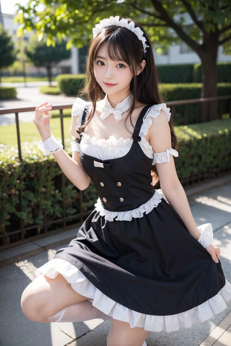 1 nogizaka girl, very cute, bishojo, ((14)), (Gothic Lolita Fashion), Exquisitely drawn beautiful faces, eyes and skin, Detailed black shiny hair, Elegant frills, Frilled tie, Ribbon tie, Rose Hair Accessories, Smiling for the camera, Cowboy Shot, (European Castles), Professional Lighting, (Realistic, photo-Realistic:1.37), 8K, (masterpiece), (Highest quality:1.4), (Ultra-high resolution:1.2), (RAW Photos:1.2), (Delicate lace dress, Soft fabric, Beautiful rose pattern), Perfect Anatomy, Four fingers and a thumb, Highly detailed background, (ユニティ 8K 壁紙)