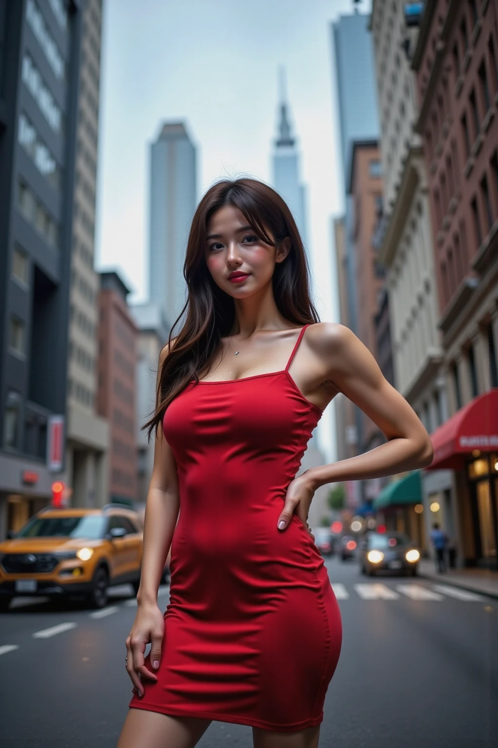a woman walking in a crowded bangkok street, wearing a sexy red dress, high heels, beautiful detailed face, big expressive eyes, long eyelashes, full lips, beautiful skin, flowing hair, confident pose, (best quality,4k,8k,highres,masterpiece:1.2),ultra-detailed,(realistic,photorealistic,photo-realistic:1.37),cinematic lighting,vibrant colors,street photography,urban scene,crowded city,dynamic composition