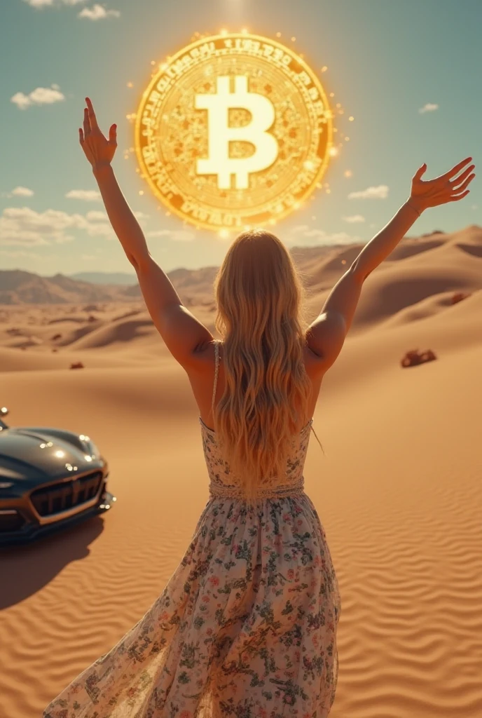 A tigress in a dress and sunglasses is lying on the beach., She holds a Bitcoin-shaped purse in her paws., Make the background neon purple., Add dollar signs and the inscription "LIANA."