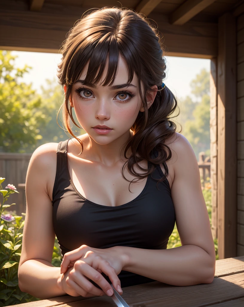 Hungarian woman with an athletic and toned physique; striking features with high cheekbones; green eyes; long, dark hair often styled in intricate braids; 'light olive' skin; best quality; trending on artstation; complex volumetric lighting; strong shadows; artistic lighting; dynamic; energetic vibe; realistic skin; specular highlights; micro-textures; highly detailed hair; in a dimly lit apartment at the dinner table; gang leader; wearing a sundress
