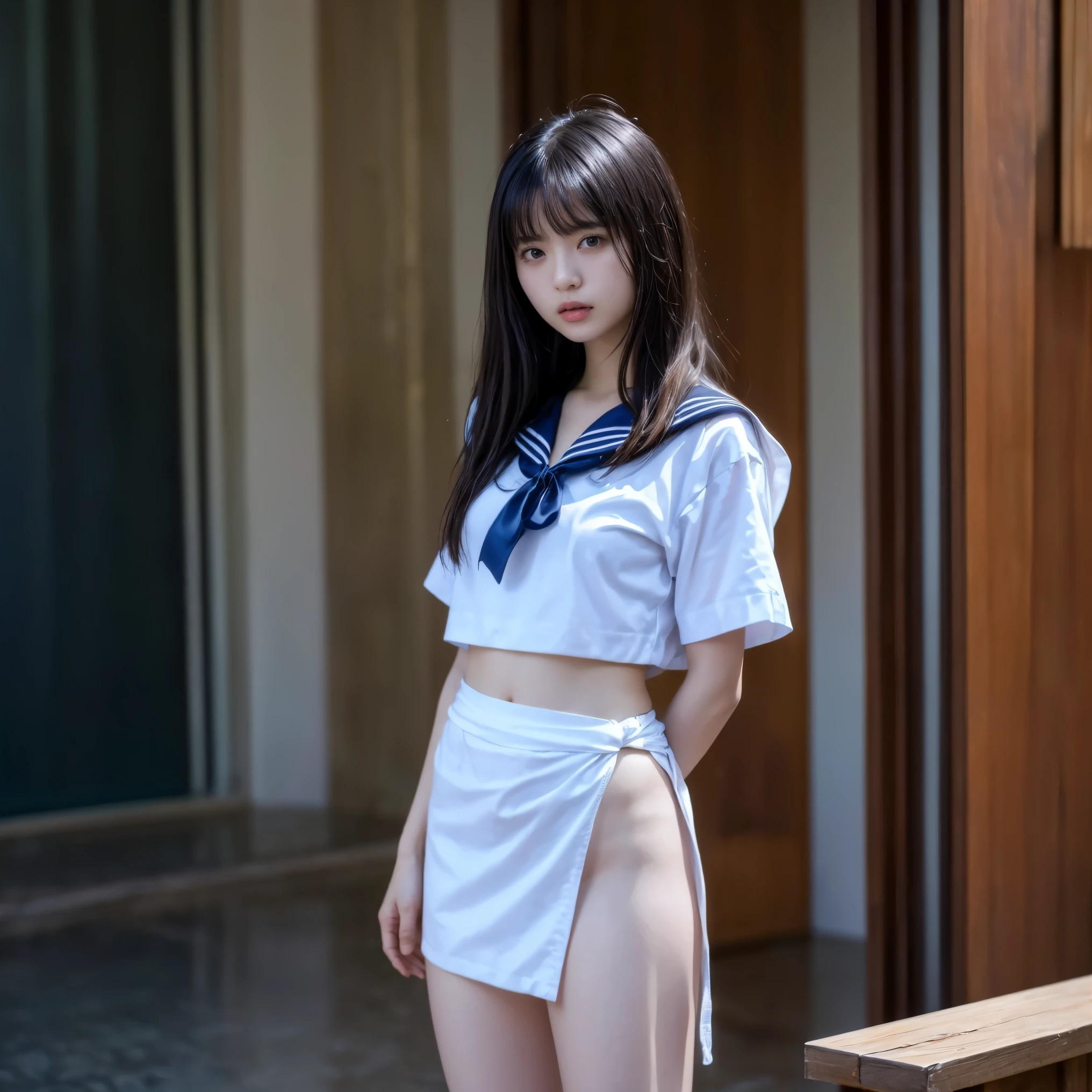 Alone, One Japanese person、woman、、like々Shii、 clear、美Shii顔、(Highest quality:1.4),(masterpiece:1.4),(realistic:1.4),(realistic:1.2),(超high resolution, RAW Photos:1.4),(high resolution, very detailed:1.2),(32K:1.2),(realistic skin texture), Movie Photos,black hair photos,one girl, alone、(Very small breasts)、((Pure white Etchu loincloth ))、(( is a sailor suit on the upper body))、((Showing off your loincloth))、 full body portrait