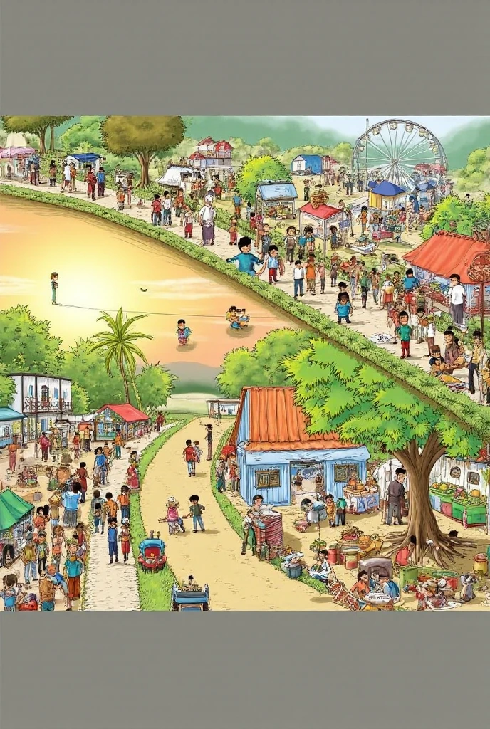 Here are the image prompts for each scene in the story:
1st Scene: The Peaceful Village
Prompt: A beautiful rural village named Shantipur, surrounded by lush green fields, narrow dirt roads, and tall trees. The sun is shining brightly, birds are chirping, and a calm river flows nearby. Two young boys, Raju and Kamal, are playing together near a large banyan tree, their faces filled with joy and friendship.
2nd Scene: The Village Fair
Prompt: A lively village fair with colorful tents, food stalls, and a Ferris wheel. Crowds of villagers, including ren and elders, are walking around happily. Raju and Kamal, two young boys wearing traditional Bengali village clothes, are excitedly buying toys, eating sweets, and watching a bioscope show. The atmosphere is festive with bright lights and cheerful people.
3rd Scene: Lost in the Crowd
Prompt: A busy village fair with a large crowd. Raju, a young boy, looks scared and teary-eyed as he realizes he has lost his friend Kamal. People are walking past him, unaware of his distress. He stands alone near a toy stall, calling out for his friend with a worried expression.
4th Scene: The Reunion
Prompt: In the middle of the fair, two young boys, Raju and Kamal, are hugging each other tightly with happy and emotional expressions. Raju’s eyes are teary with relief, and Kamal is smiling warmly, reassuring his friend. The festive fair continues in the background with colorful lights and happy villagers.
5th Scene: A Promise of Friendship
Prompt: A peaceful sunset in the village. Raju and Kamal are sitting near the riverbank under a large tree, promising to always stand by each other no matter what. Their silhouettes are visible against the golden-orange sky, symbolizing their strong and lifelong friendship.
Would you like me to generate images for any of these prompts?