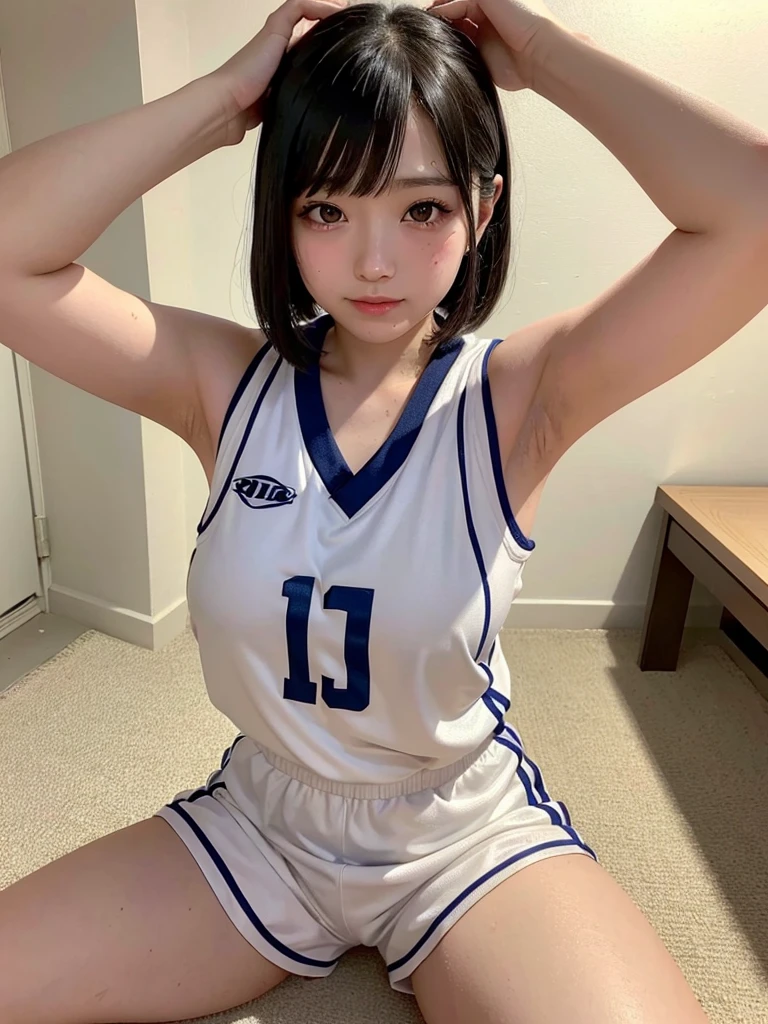What a Japanese girl born in 2003 will look like in 2024。Armpit sweat。Landmine makeup。Heavy makeup。eye make up。Droopy eyes。Young face。Chubby。Provocative smile。Plump young girl。Young thighs。Basketball uniform