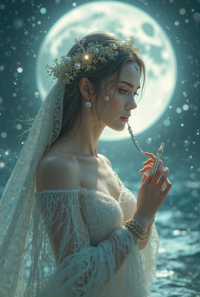 An alluring sorceress stands amidst swirling mists at the edge of a moonlit lake, her robes billowing around her like ethereal clouds, while holding a glowing orb in one hand and her mesmerizing gaze drawing the viewer into a realm of enchantment.