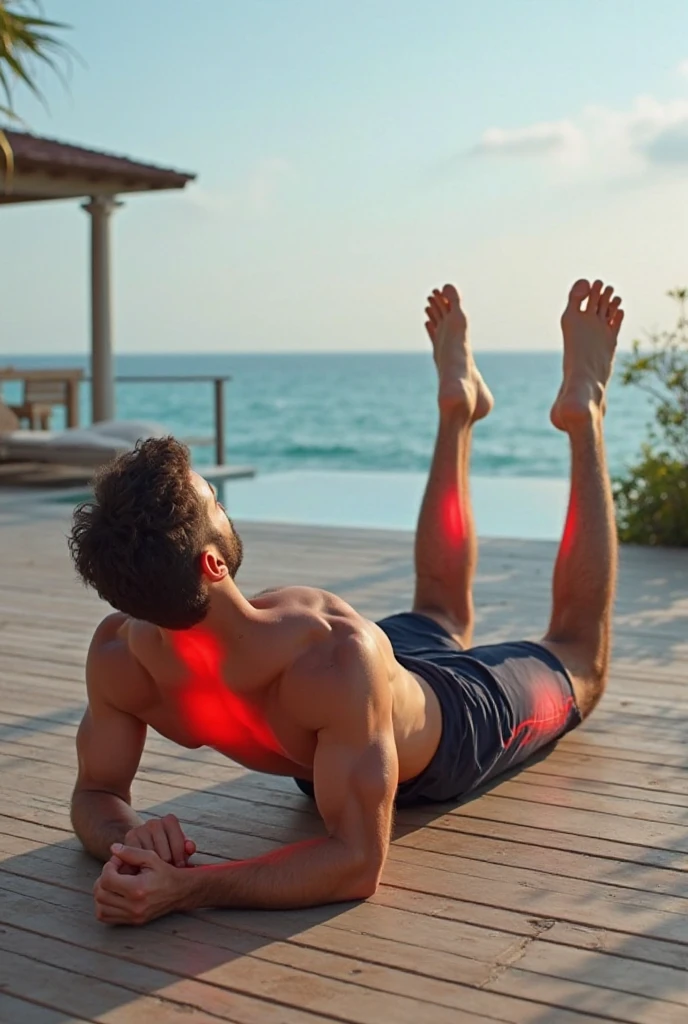 athletic handsome 35 year old shirtless man wearing shorts lying flat on his back on ground on running track exhausted after running race. stretched out, arms above head. muscular. sweaty.
