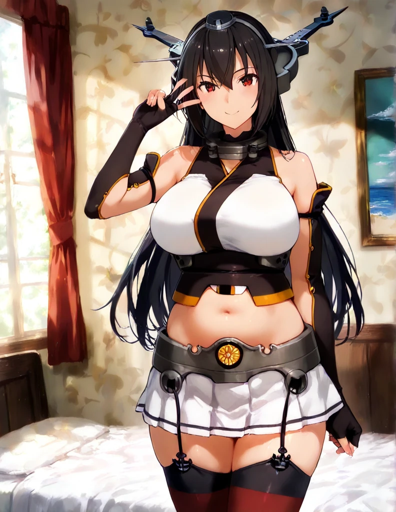 half-closed eyes, from below, evil smile, garden background, lace, black hair, seductive smile, (orange skin), (tan skin), ((dark skin)), dynamic pose, twin tails, (curvy), pompom hair ornament, karin (blue archive), smug, dynamic angle, neck ribbon, latex, impossible clothes, masterpiece, yellow eyes, (black hair), (full pink lips), intricate detail, black thighhighs, long hair, hime hair, gyaru, (jirai kei), sidelocks, huge thighs, doll face, Solo, 1girl, skirt