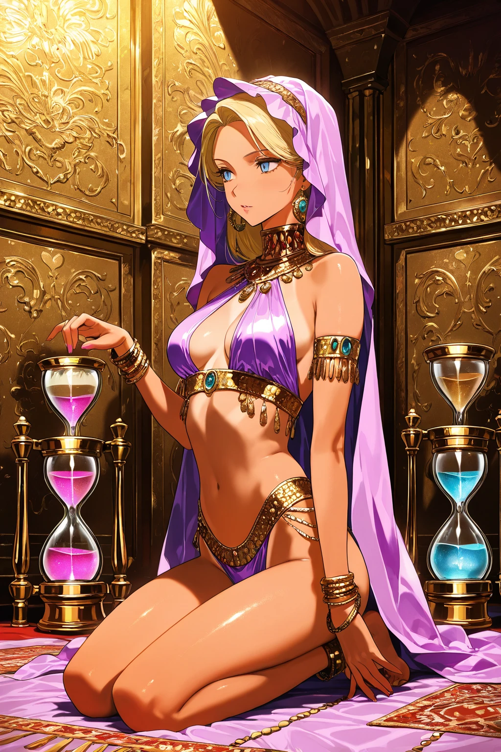 woman, belly dancer outfit, evil smile, large breast, thin waist, blonde hair, egyptian style clothing, egyptian hairstyle, purple silk clothes,