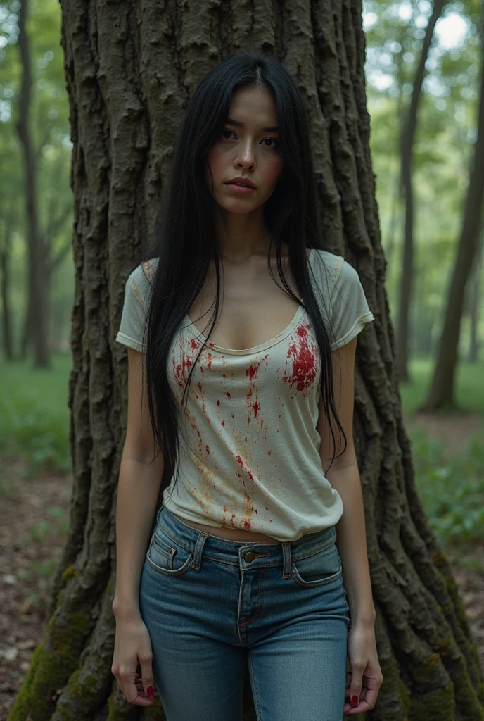 ultra realistic, photography, long black straight hair, elegant hair, (30 years old, hazel eyes, hourglass figure, perfect fit body, natural big breasts), femme fatale, she is wearing a very ripped and torn blouse with a plunging neckline, pushed down over her right shoulder, blood is on her blouse, there are bloodstains on her blue jeans, her sneakers are dirty, she is hiding in the woods, standing behind a big tree, she is leaning against the tree, she looks scared, a guy with a devils mask and a bloody machete is looking for her, extreme wide angle