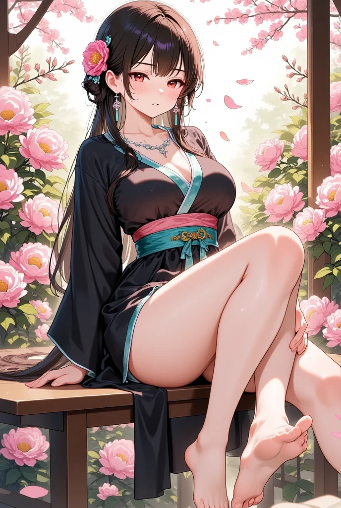 (High quality, High resolution, Fine details), peonies in full bloom, lush garden backdrop, multicolor Chinese dress, body-hugging silhouette, gorgeous silk fabric flowing, painted and embroidered patterns, delicate floral motifs, elaborate golden embroidery, lustrous texture, adorned with a flower hairpin, solo, curvy women, dark hair cascading down, sparkling eyes, (Detailed eyes:1.2), smile, blush, Sweat, Oily skin, soft natural lighting, shallow depth of field